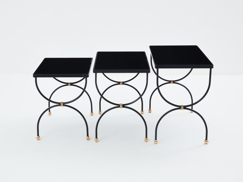 Maison Jansen black brass opaline glass nesting tables 1960s
