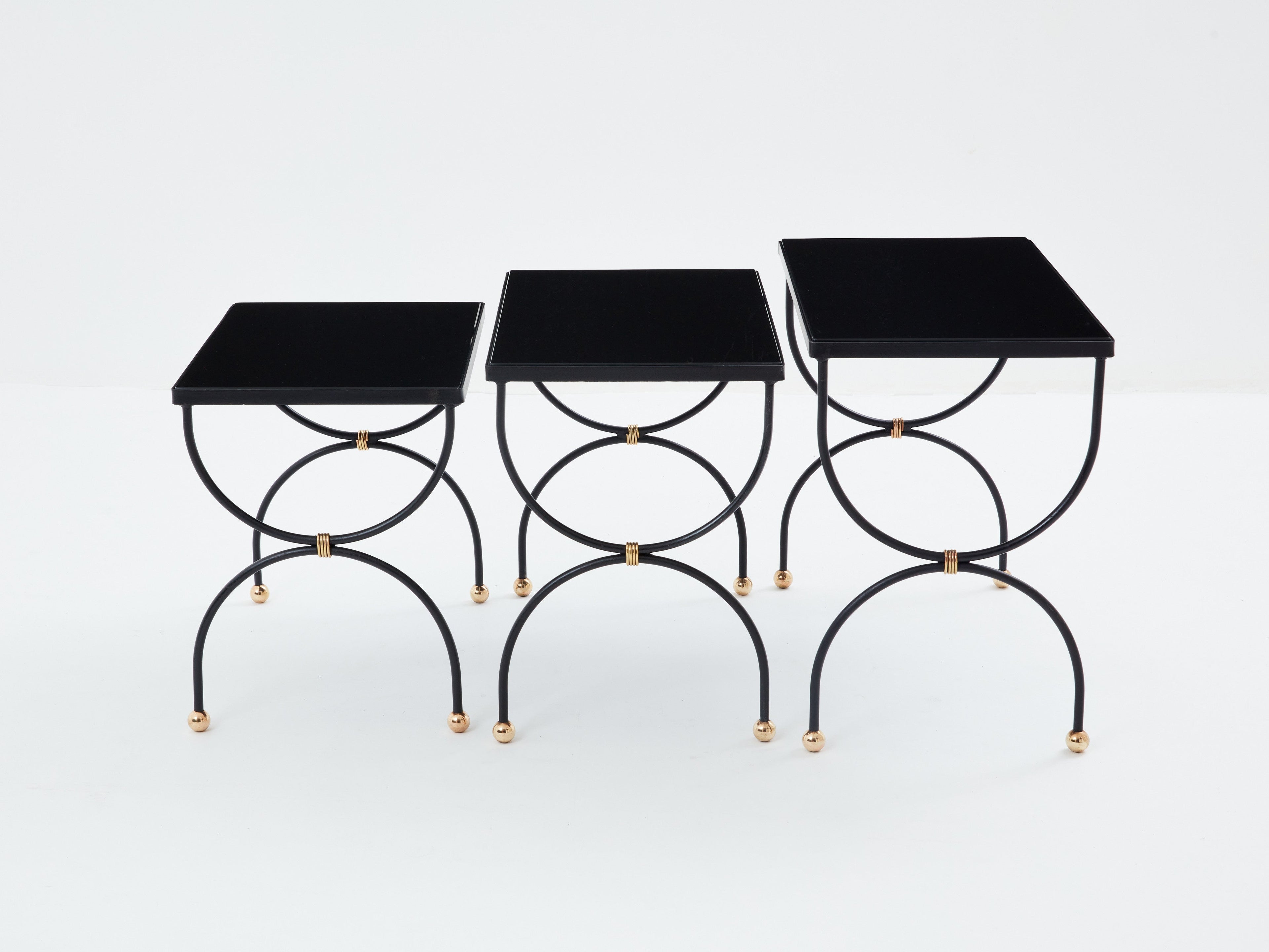 Maison Jansen black brass opaline glass nesting tables 1960s