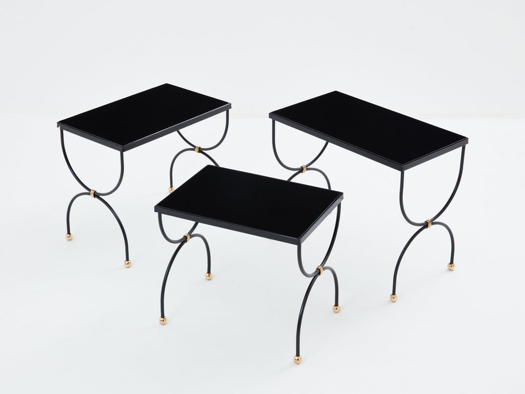Maison Jansen black brass opaline glass nesting tables 1960s