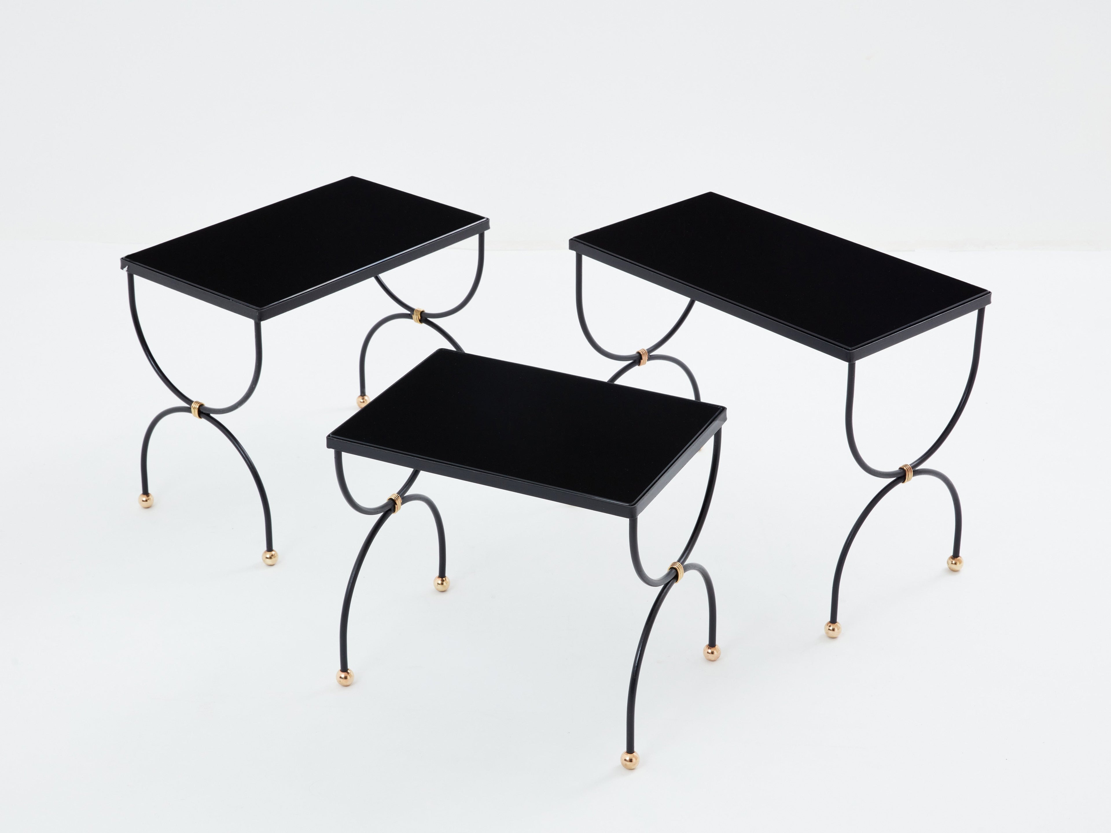 Maison Jansen black brass opaline glass nesting tables 1960s