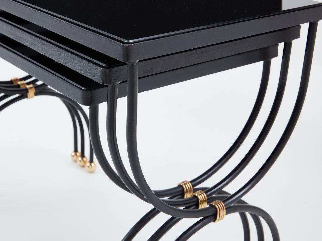 Maison Jansen black brass opaline glass nesting tables 1960s