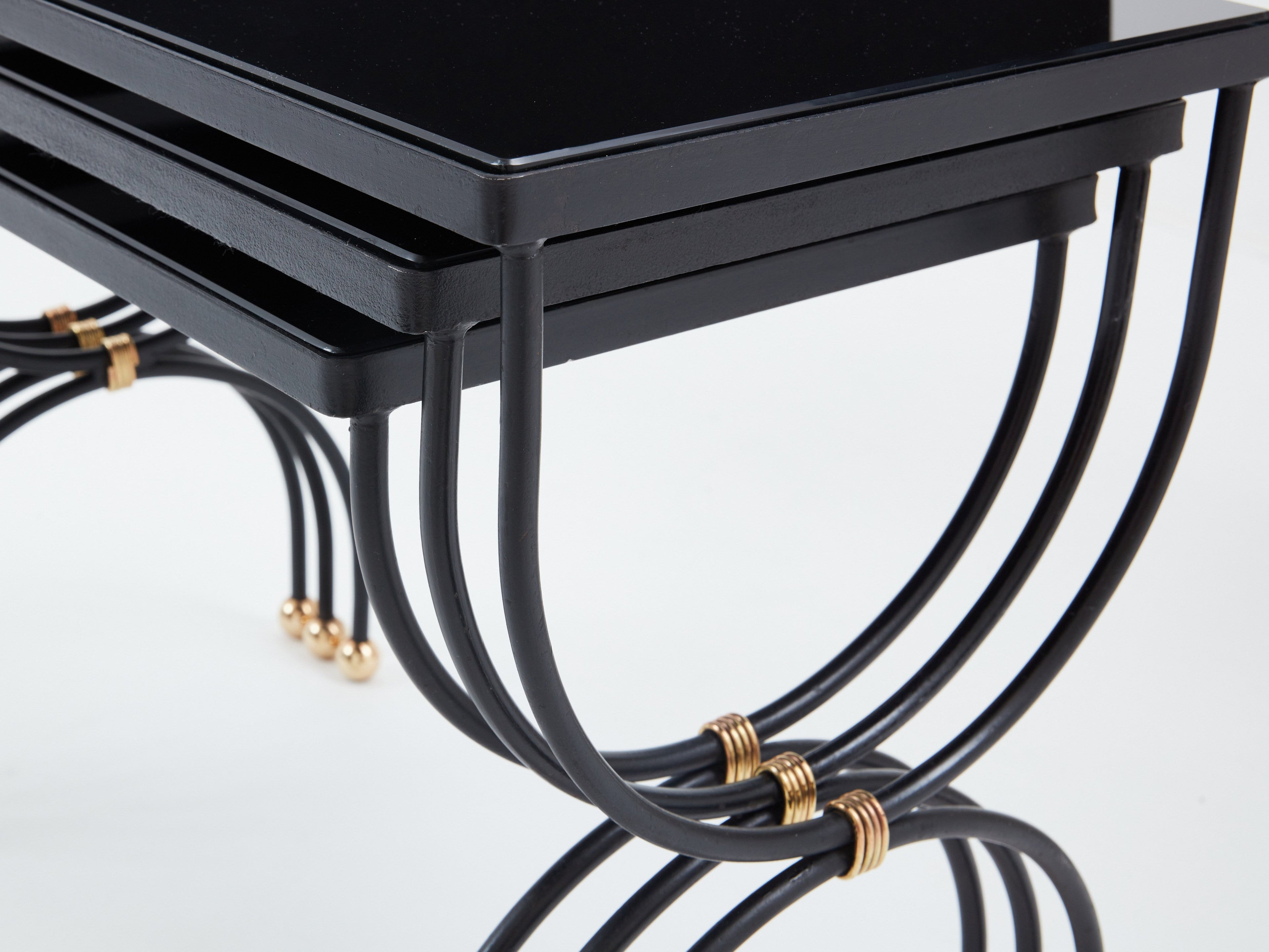Maison Jansen black brass opaline glass nesting tables 1960s