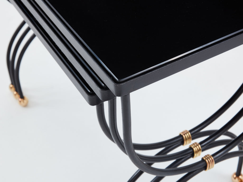 Maison Jansen black brass opaline glass nesting tables 1960s