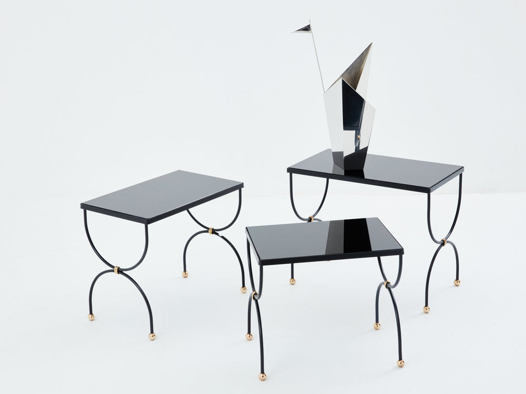 Maison Jansen black brass opaline glass nesting tables 1960s
