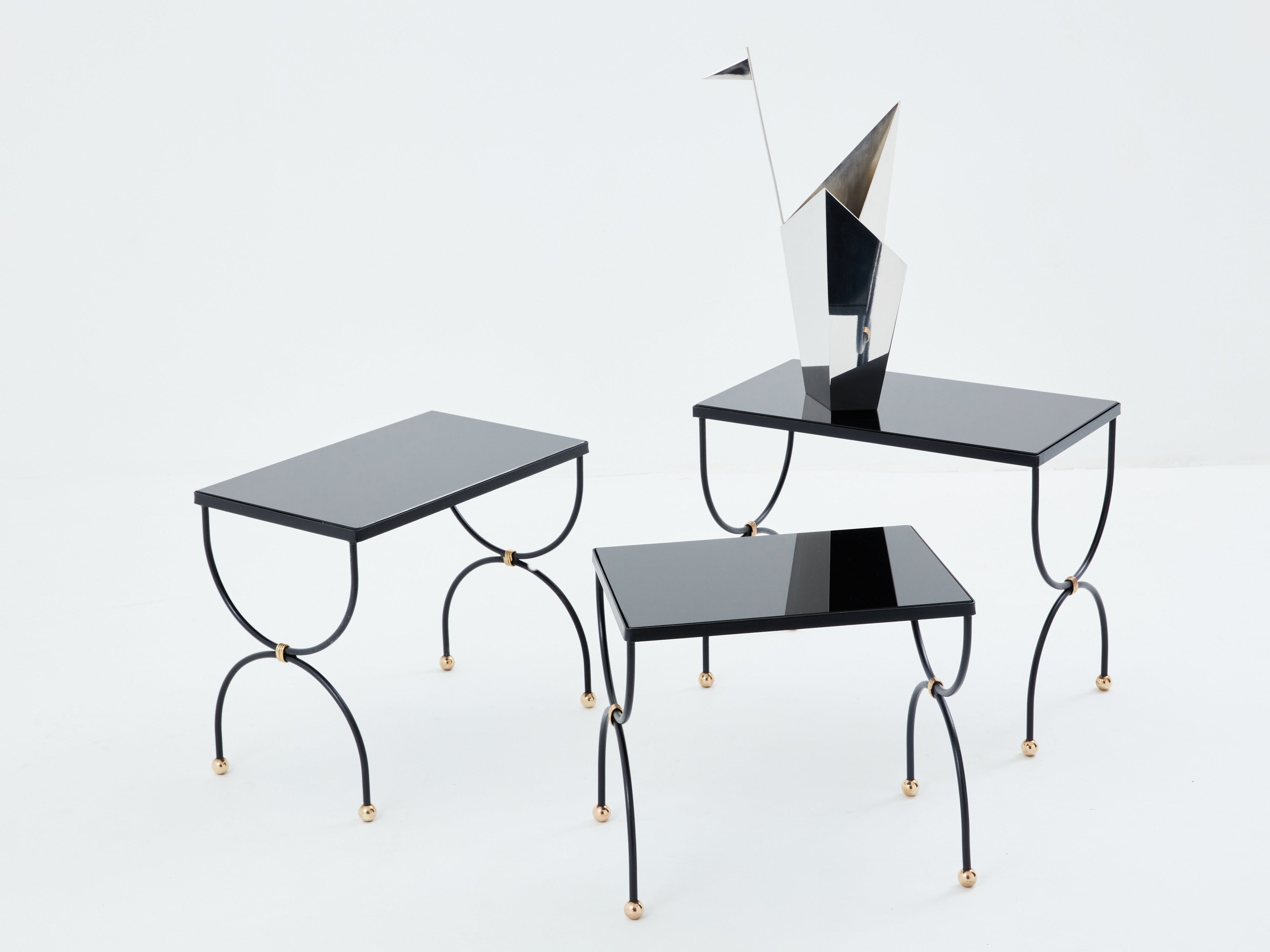 Maison Jansen black brass opaline glass nesting tables 1960s