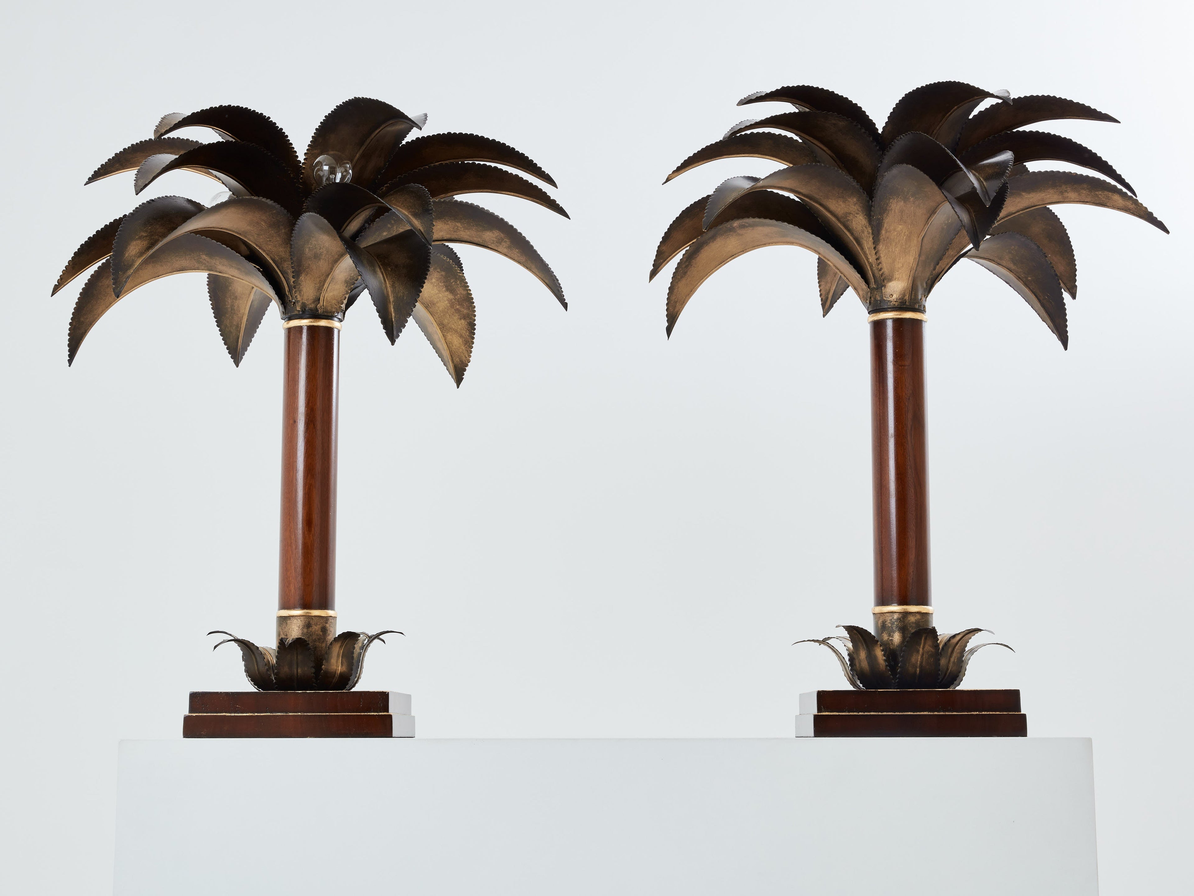 Maison Jansen early palm tree lamps mahogany bronze 1960