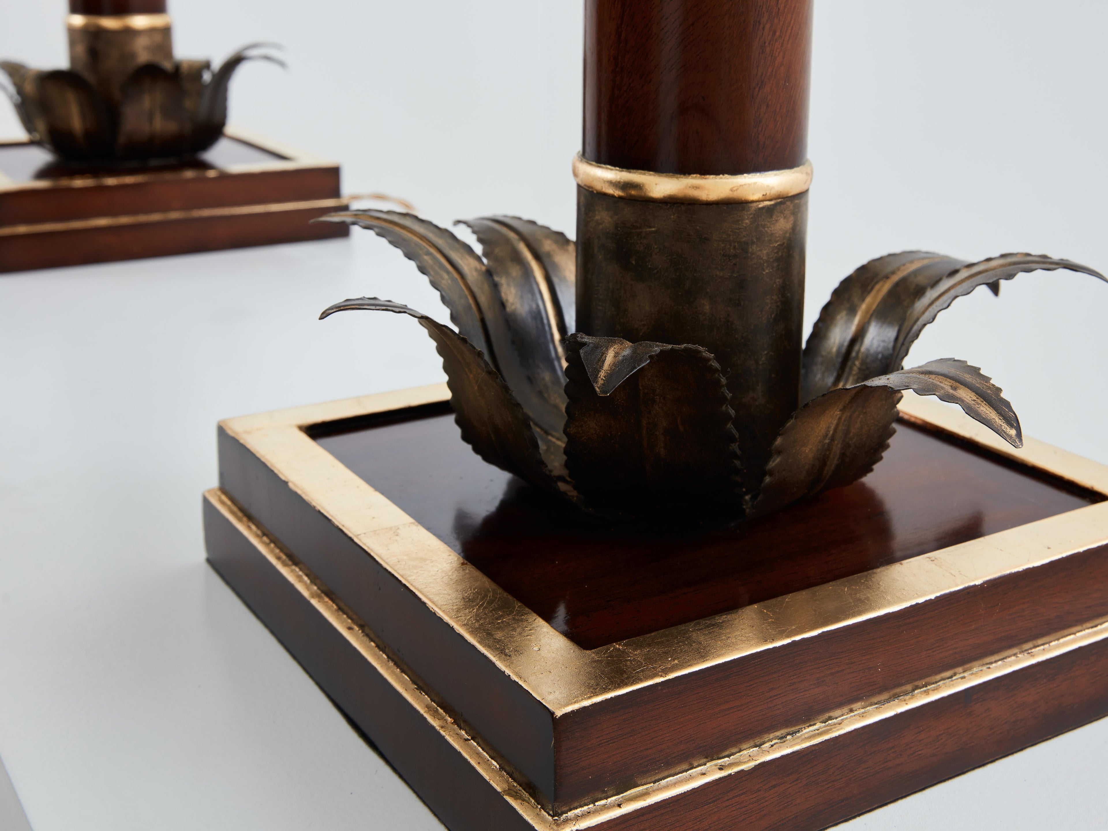 Maison Jansen early palm tree lamps mahogany bronze 1960