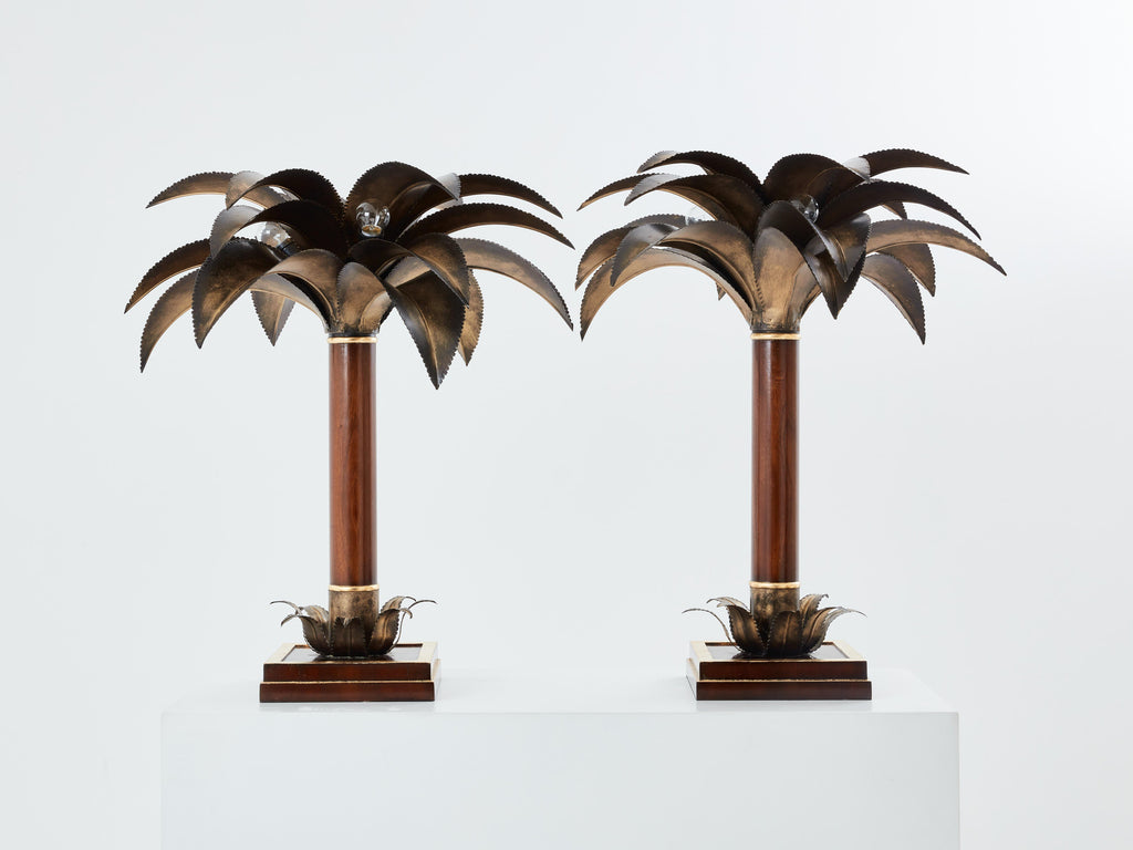 Maison Jansen early palm tree lamps mahogany bronze 1960