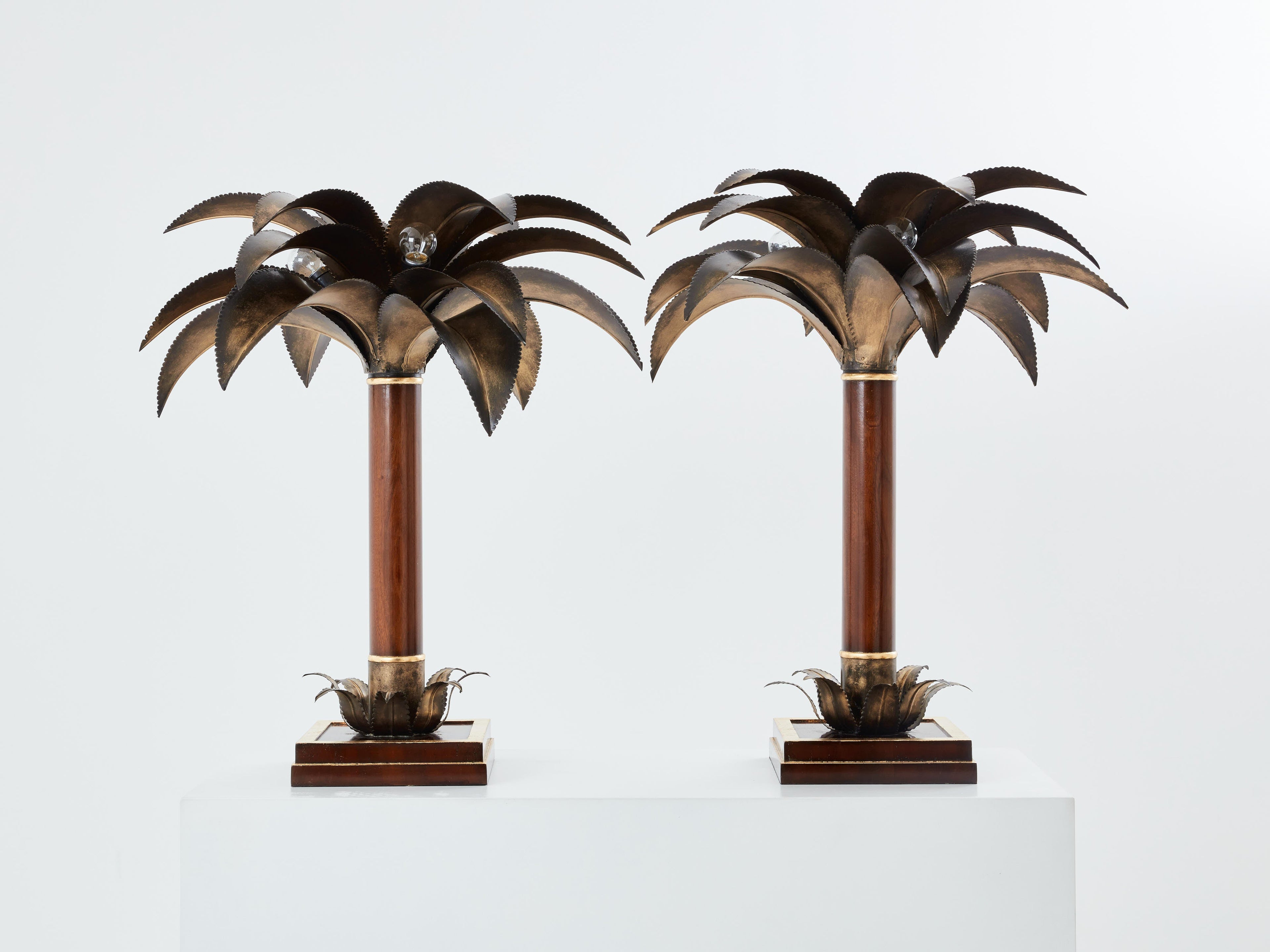 Maison Jansen early palm tree lamps mahogany bronze 1960