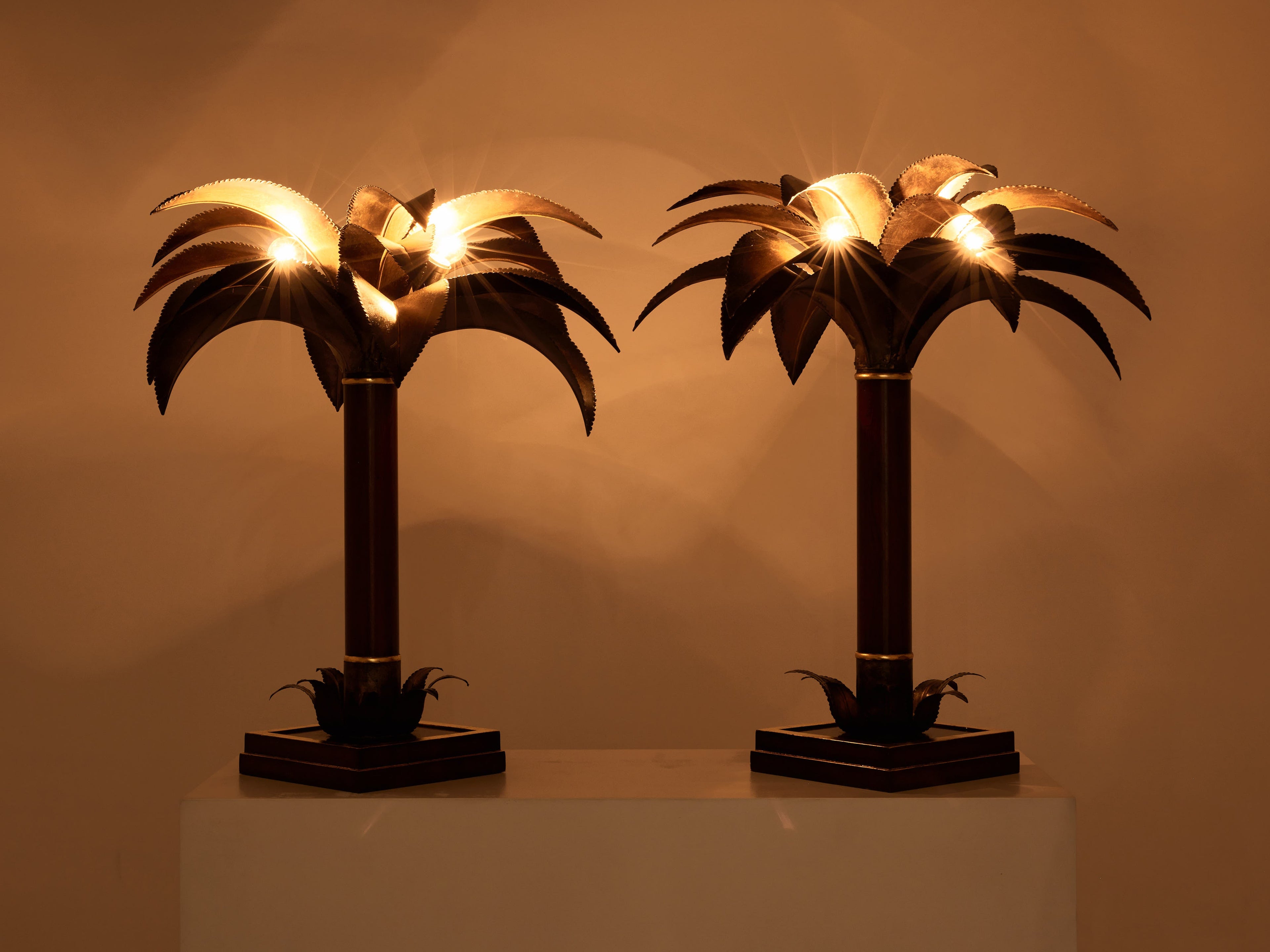 Maison Jansen early palm tree lamps mahogany bronze 1960