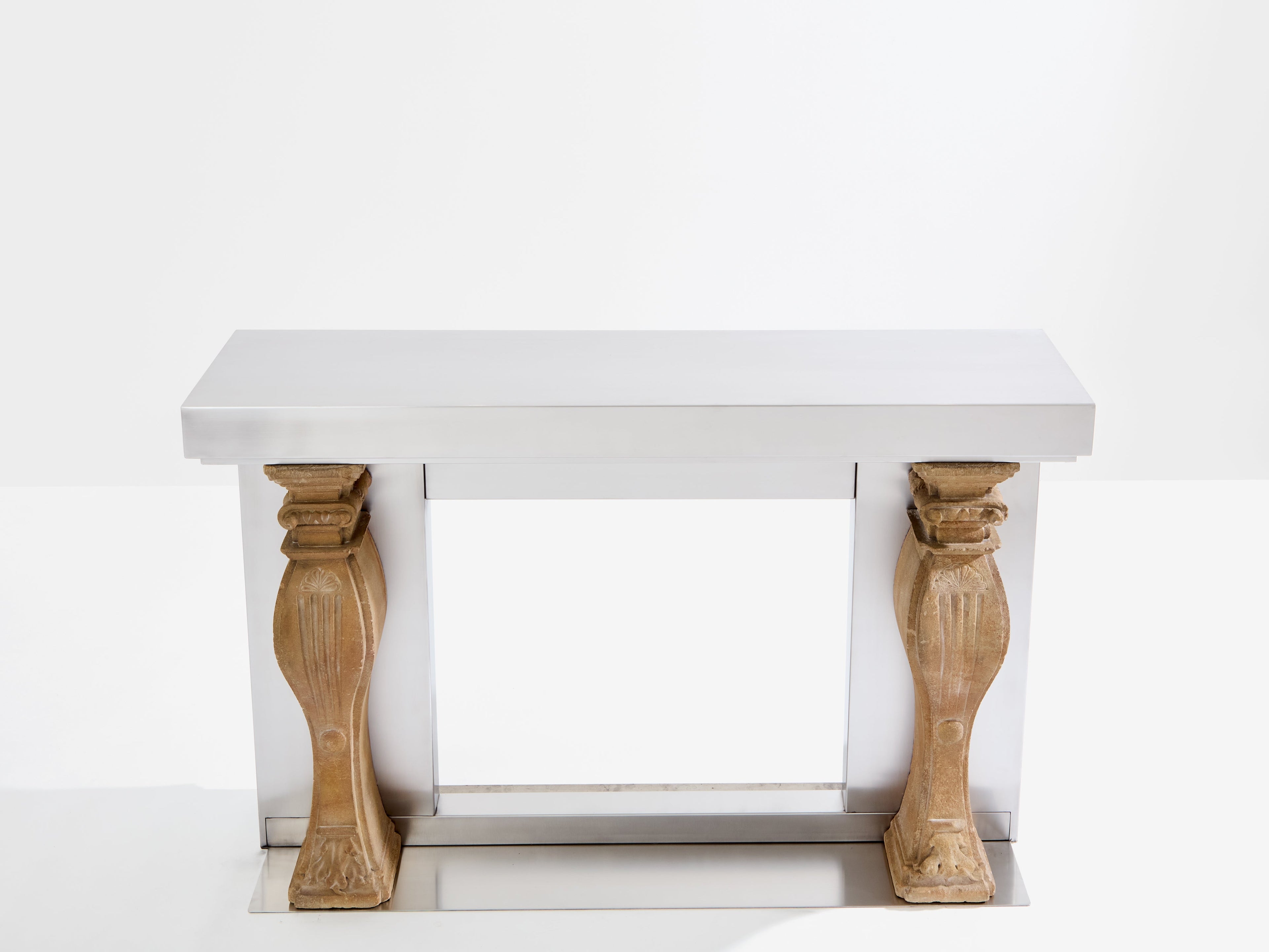 Maison Jansen fireplace mantel brushed steel and carved stone 1968