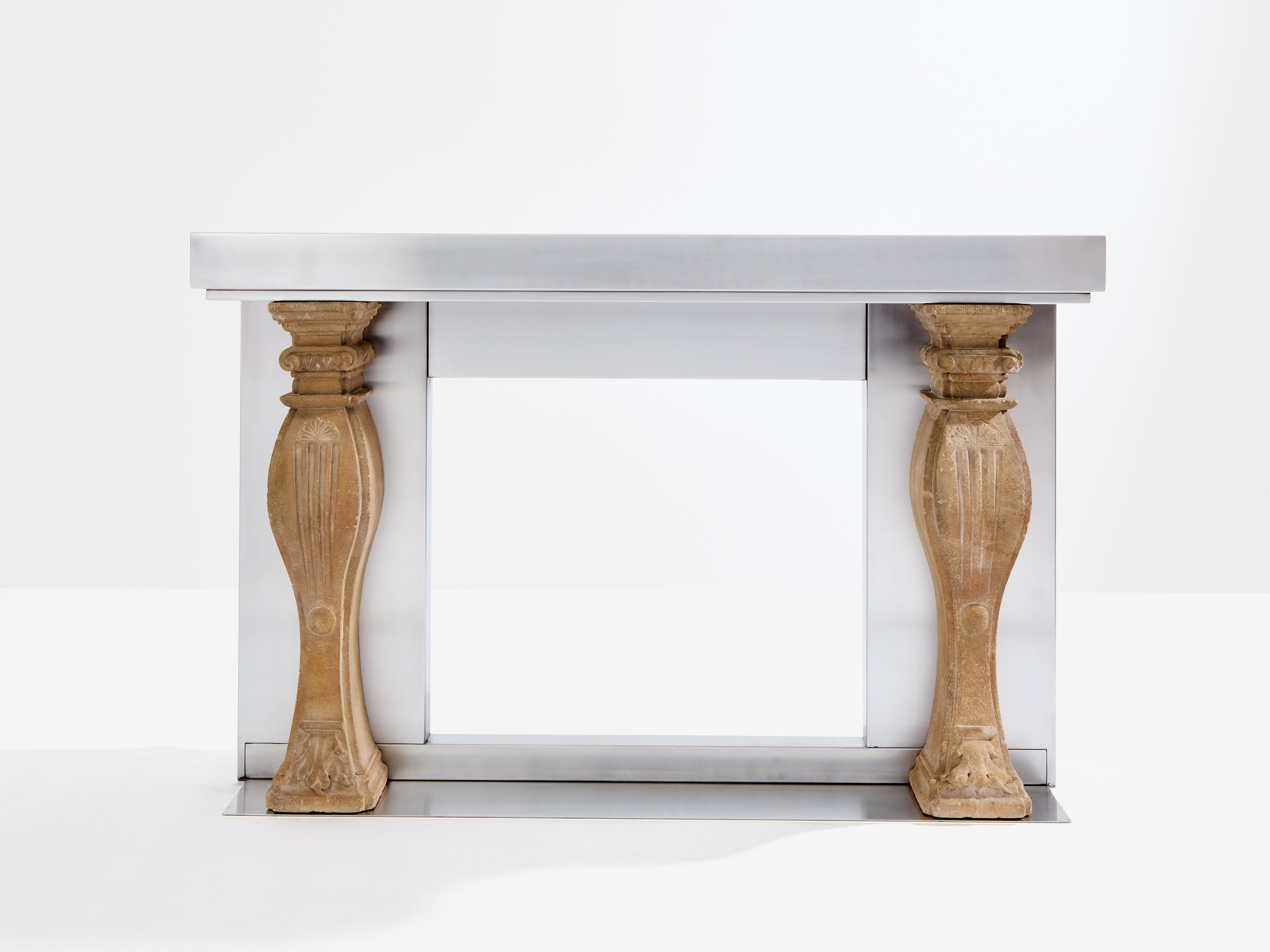 Maison Jansen fireplace mantel brushed steel and carved stone 1968