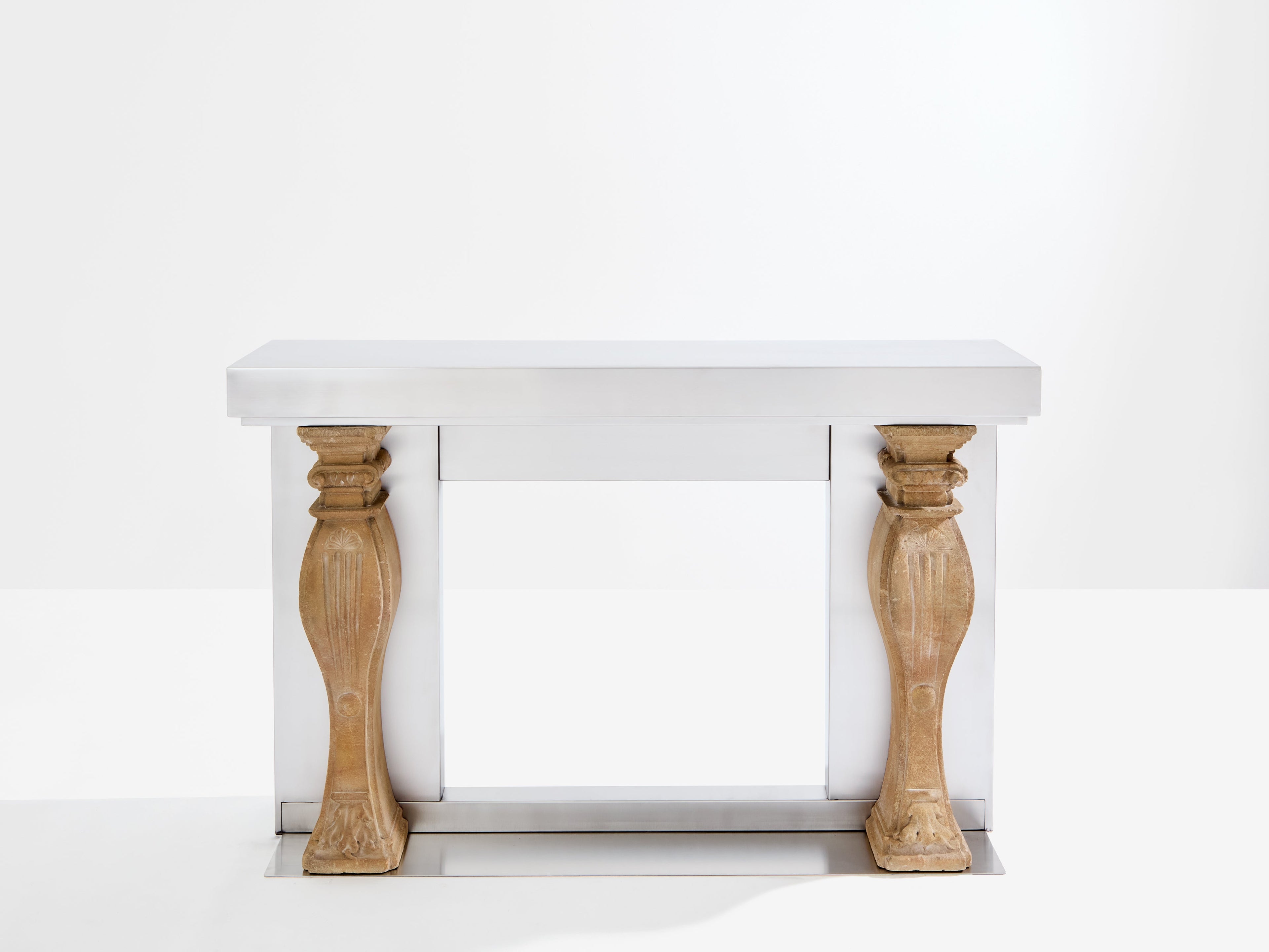 Maison Jansen fireplace mantel brushed steel and carved stone 1968