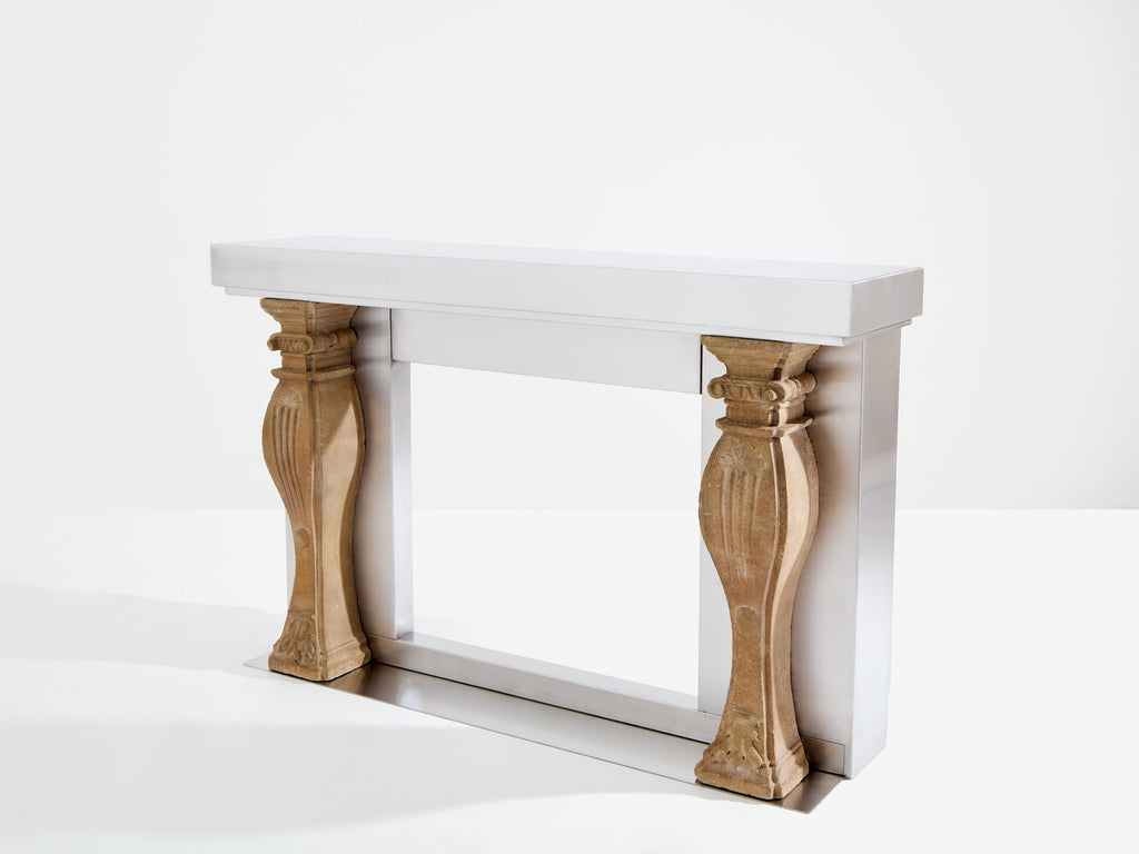 Maison Jansen fireplace mantel brushed steel and carved stone 1968