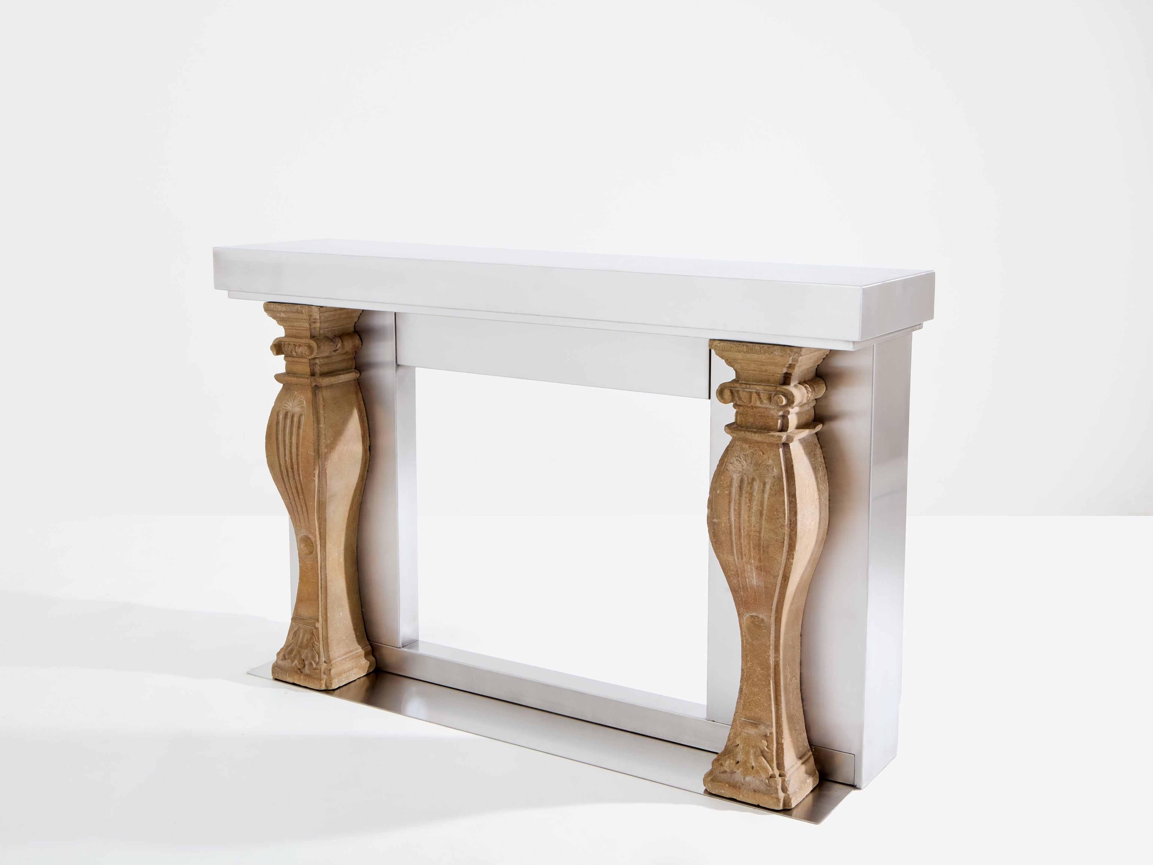 Maison Jansen fireplace mantel brushed steel and carved stone 1968
