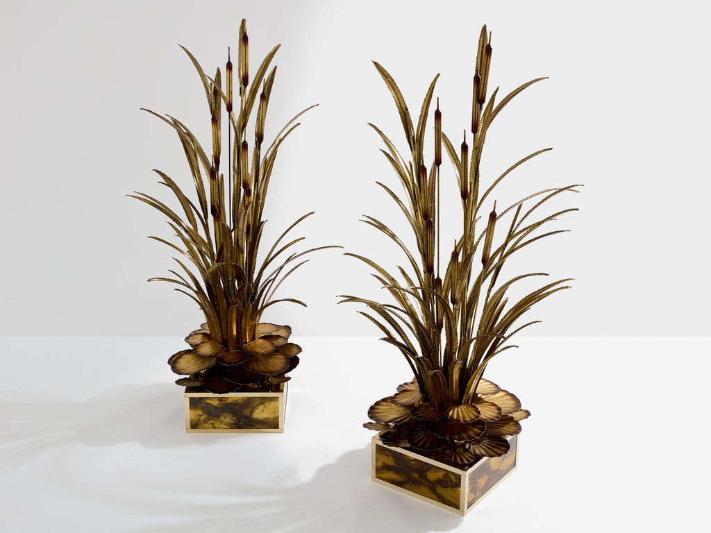 Maison Jansen pair of brass reeds water lilies floor lamps 1970s