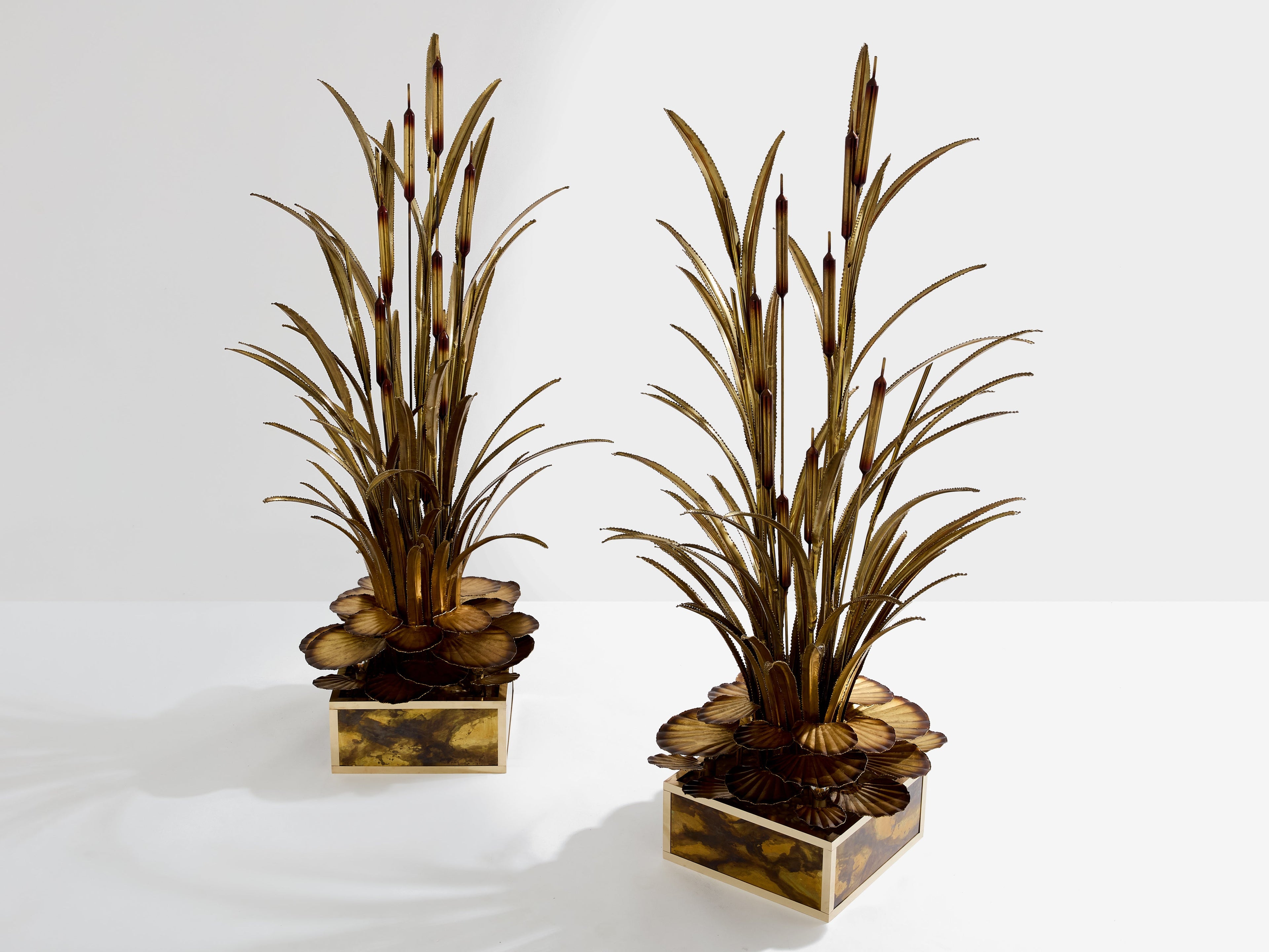 Maison Jansen pair of brass reeds water lilies floor lamps 1970s