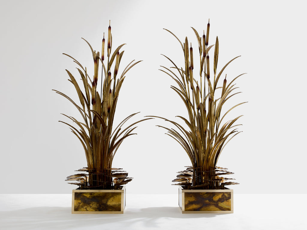 Maison Jansen pair of brass reeds water lilies floor lamps 1970s