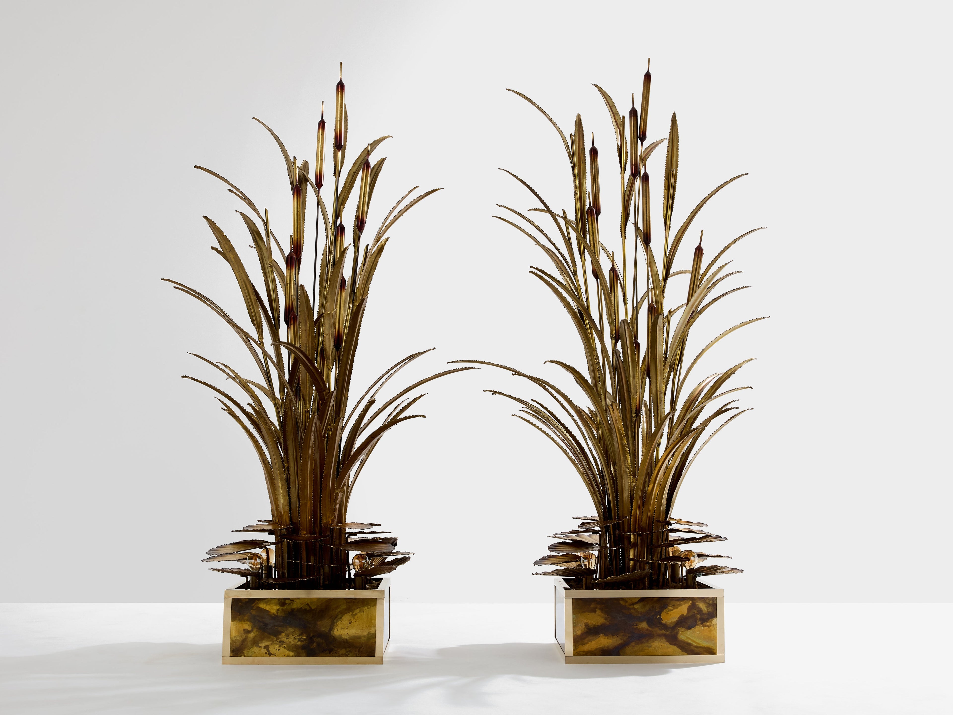 Maison Jansen pair of brass reeds water lilies floor lamps 1970s