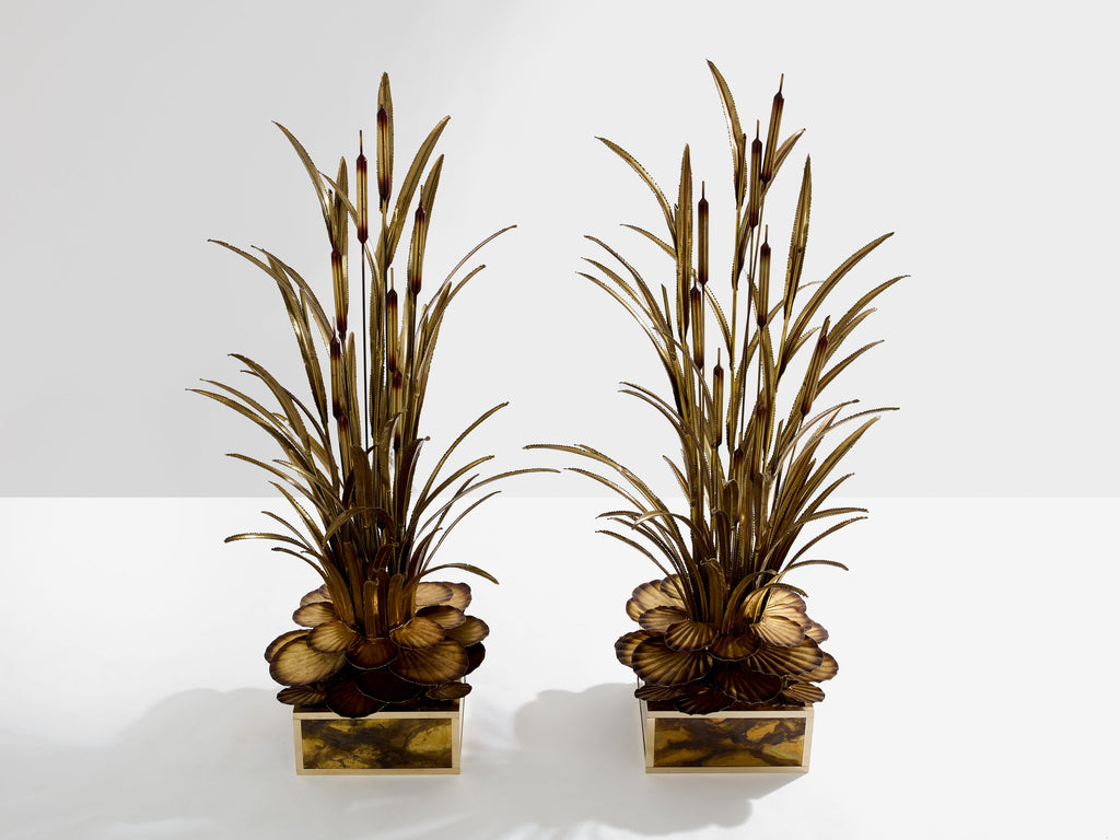 Maison Jansen pair of brass reeds water lilies floor lamps 1970s