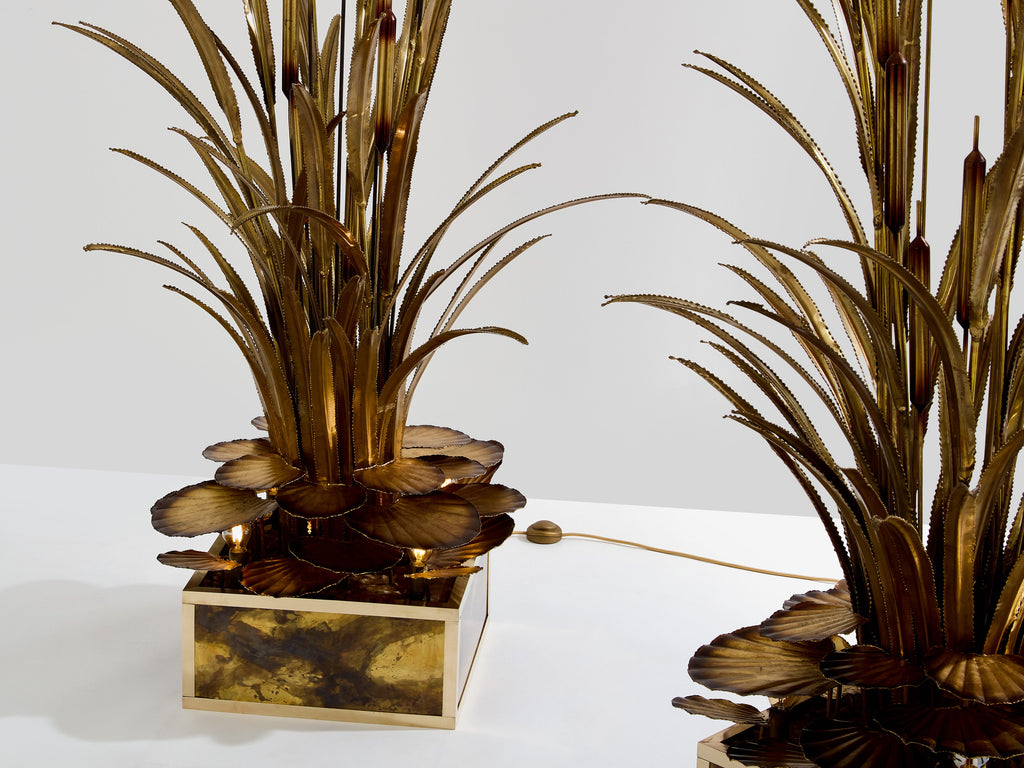 Maison Jansen pair of brass reeds water lilies floor lamps 1970s