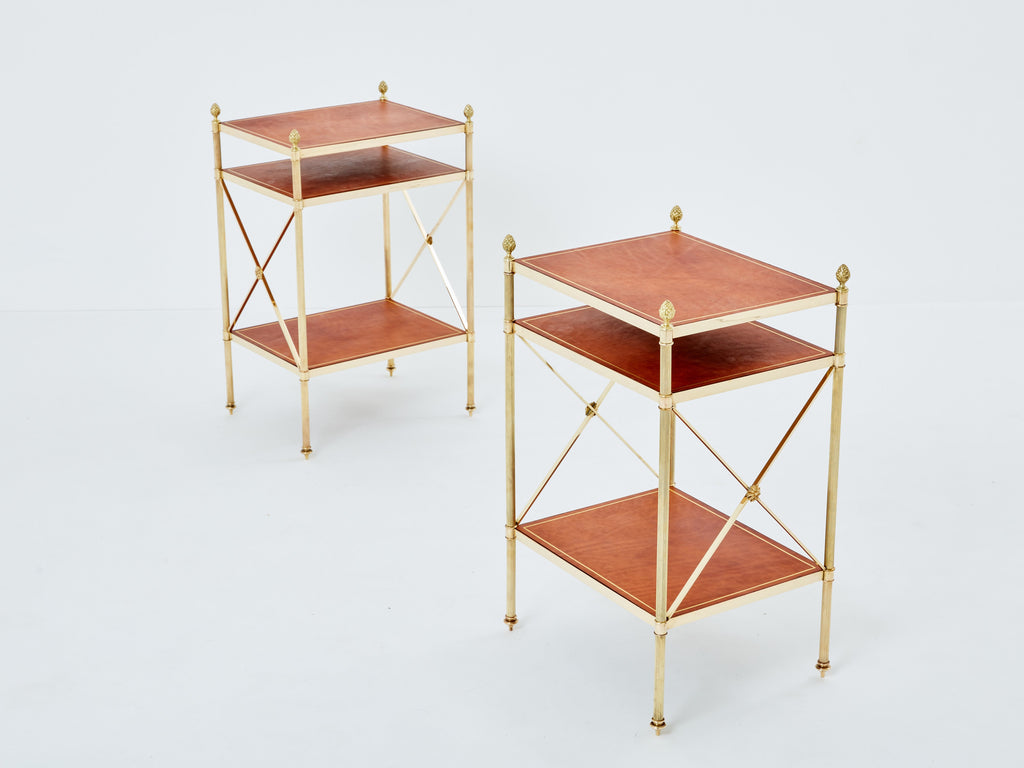 Maison Jansen pair of three-tier side tables brass brown leather 1970s