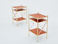 Maison Jansen pair of three-tier side tables brass brown leather 1970s
