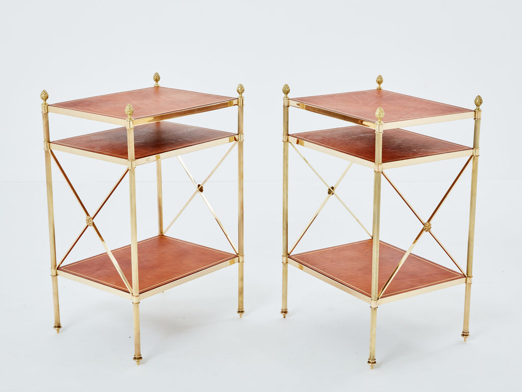 Maison Jansen pair of three-tier side tables brass brown leather 1970s