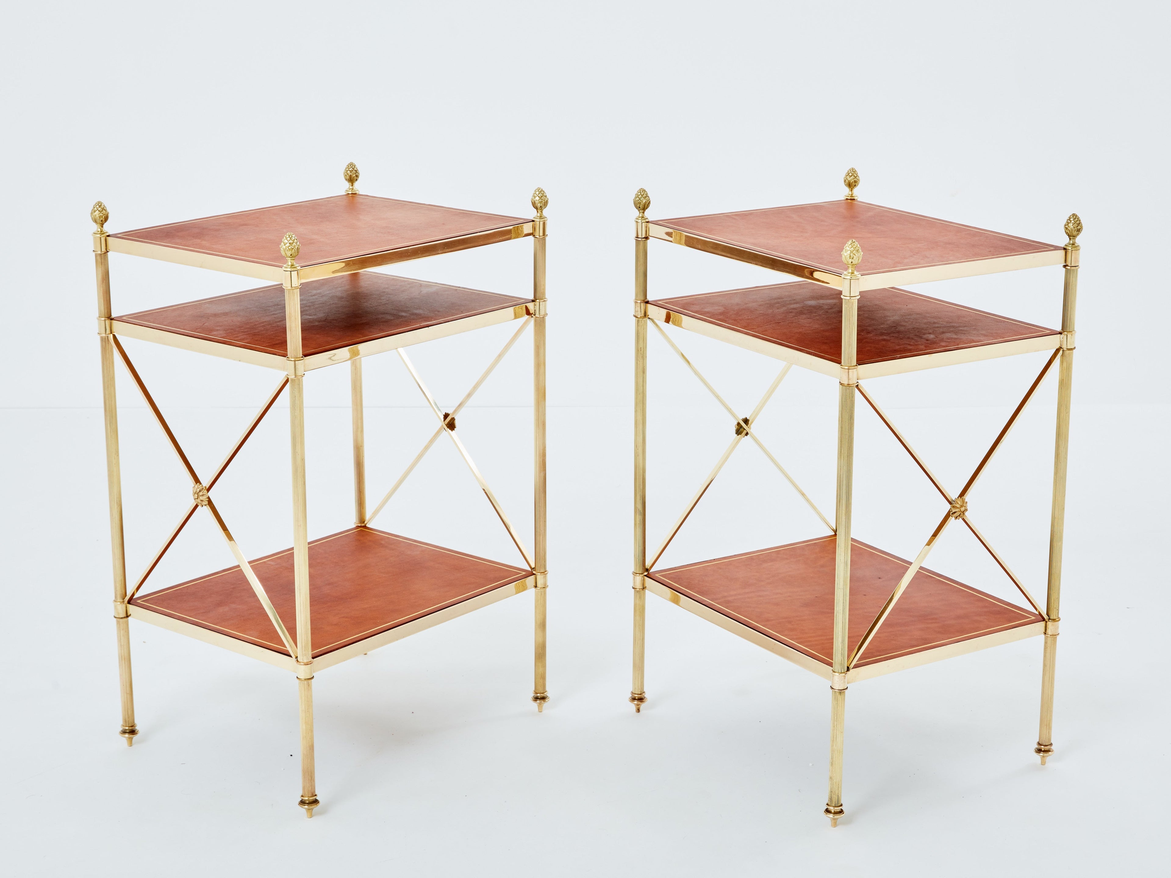 Maison Jansen pair of three-tier side tables brass brown leather 1970s
