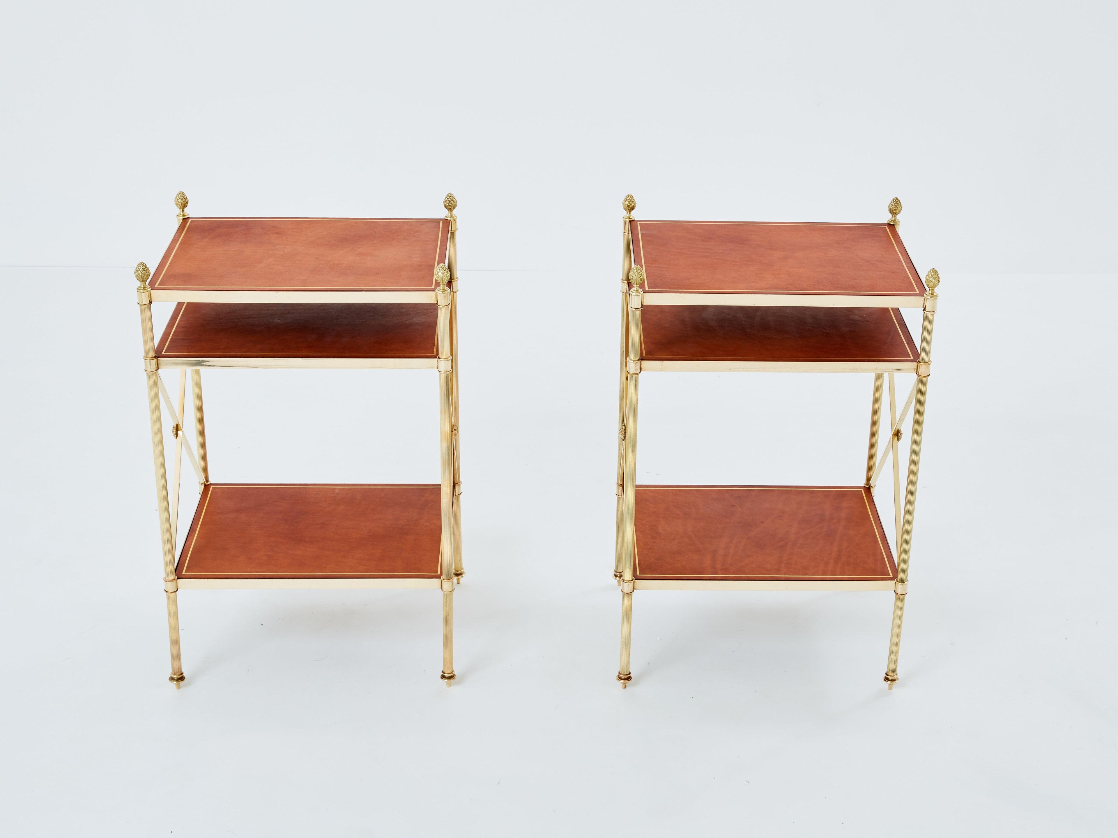Maison Jansen pair of three-tier side tables brass brown leather 1970s