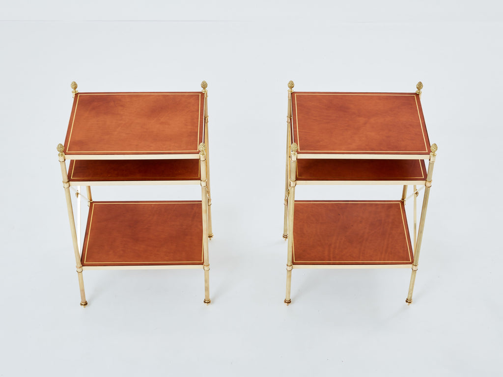 Maison Jansen pair of three-tier side tables brass brown leather 1970s