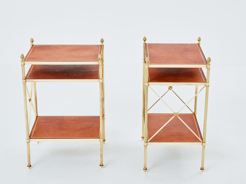 Maison Jansen pair of three-tier side tables brass brown leather 1970s
