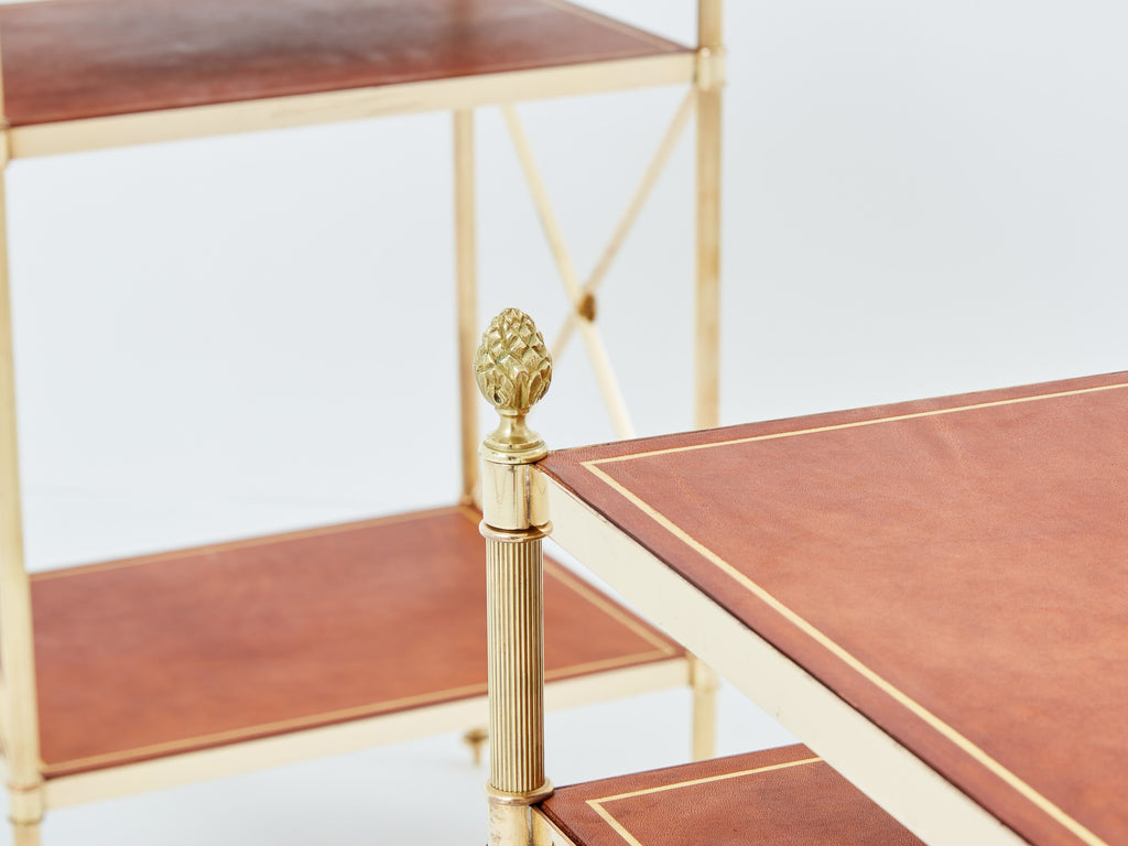 Maison Jansen pair of three-tier side tables brass brown leather 1970s