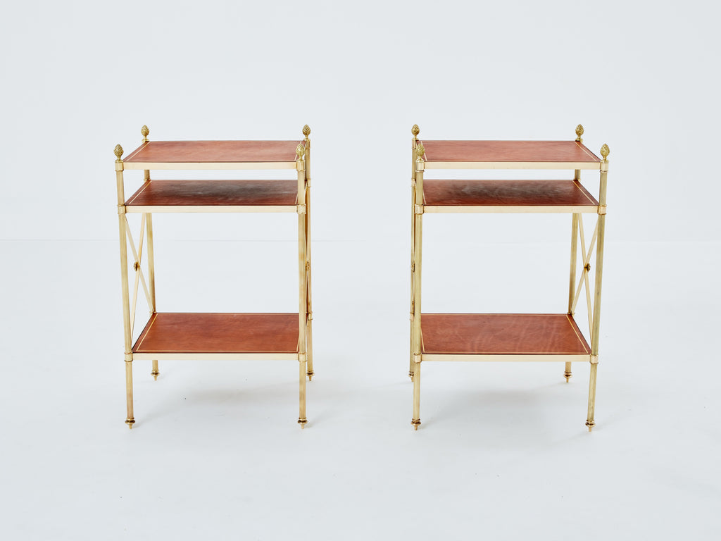 Maison Jansen pair of three-tier side tables brass brown leather 1970s