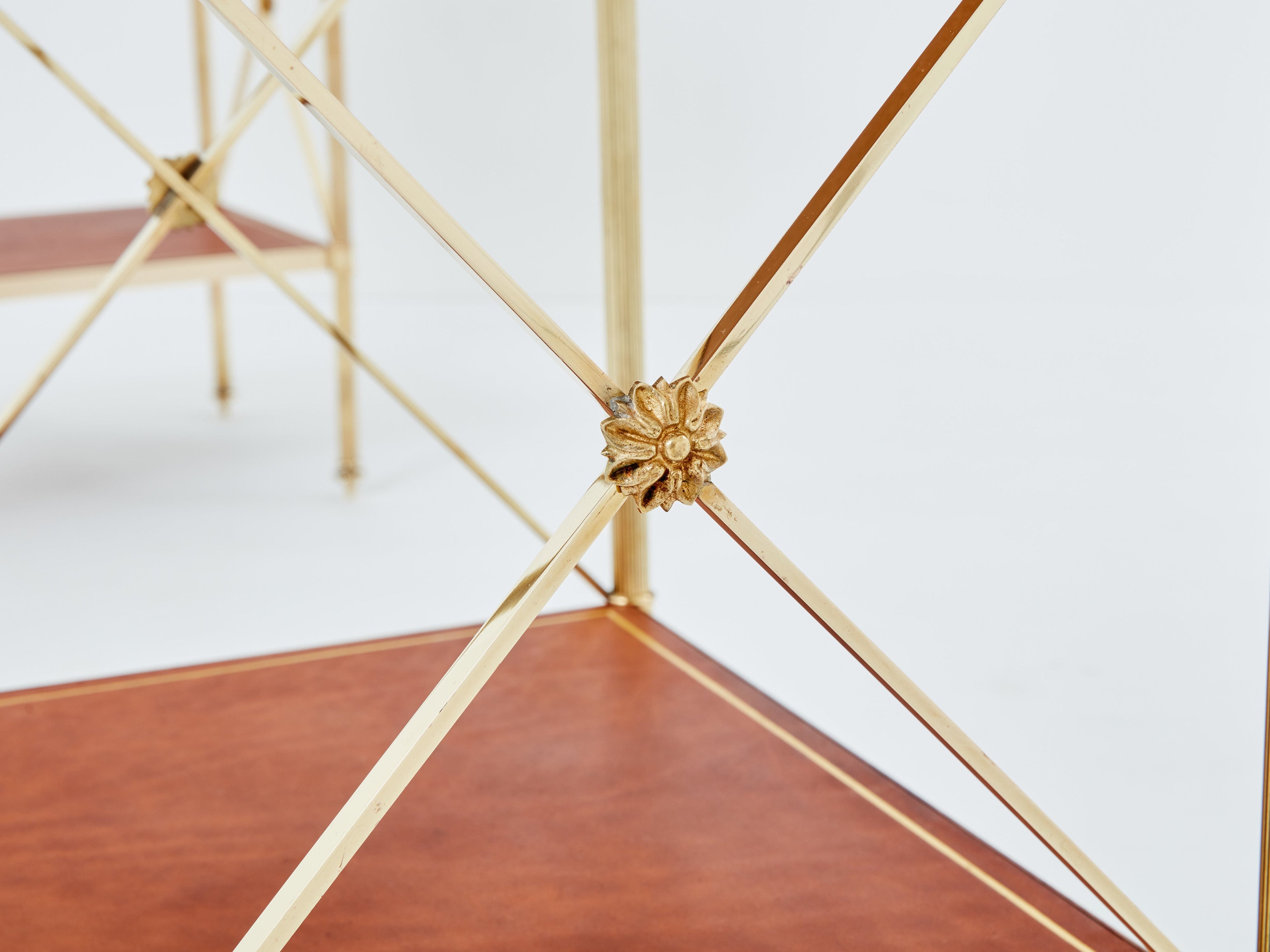 Maison Jansen pair of three-tier side tables brass brown leather 1970s