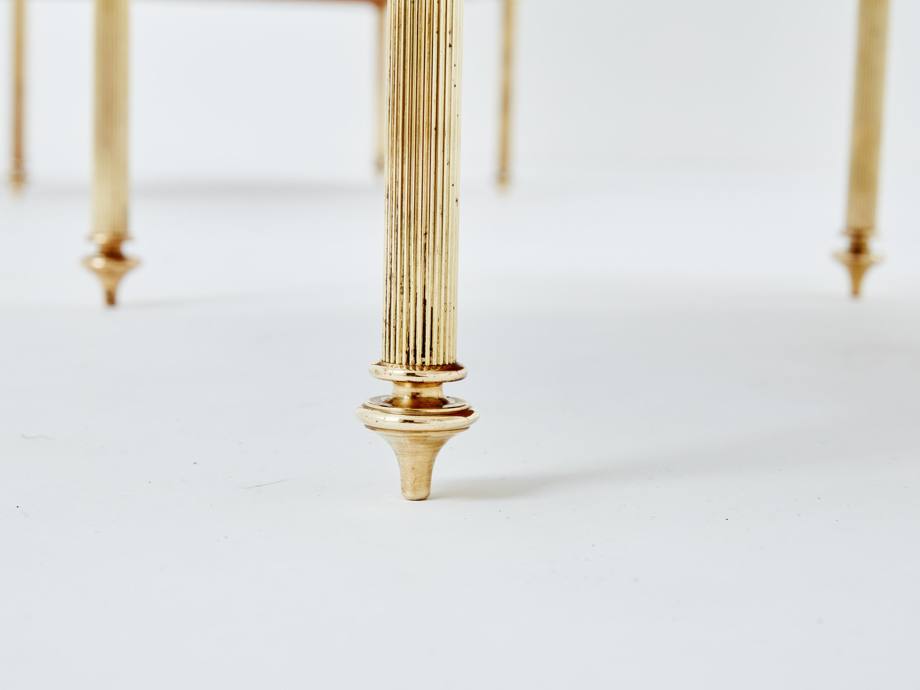 Maison Jansen pair of three-tier side tables brass brown leather 1970s