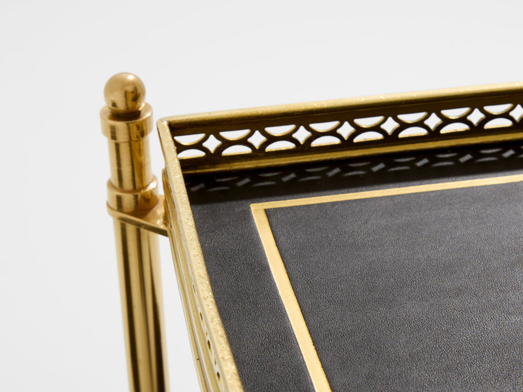 Maison Jansen pair of two-tier side tables brass black leather 1960s