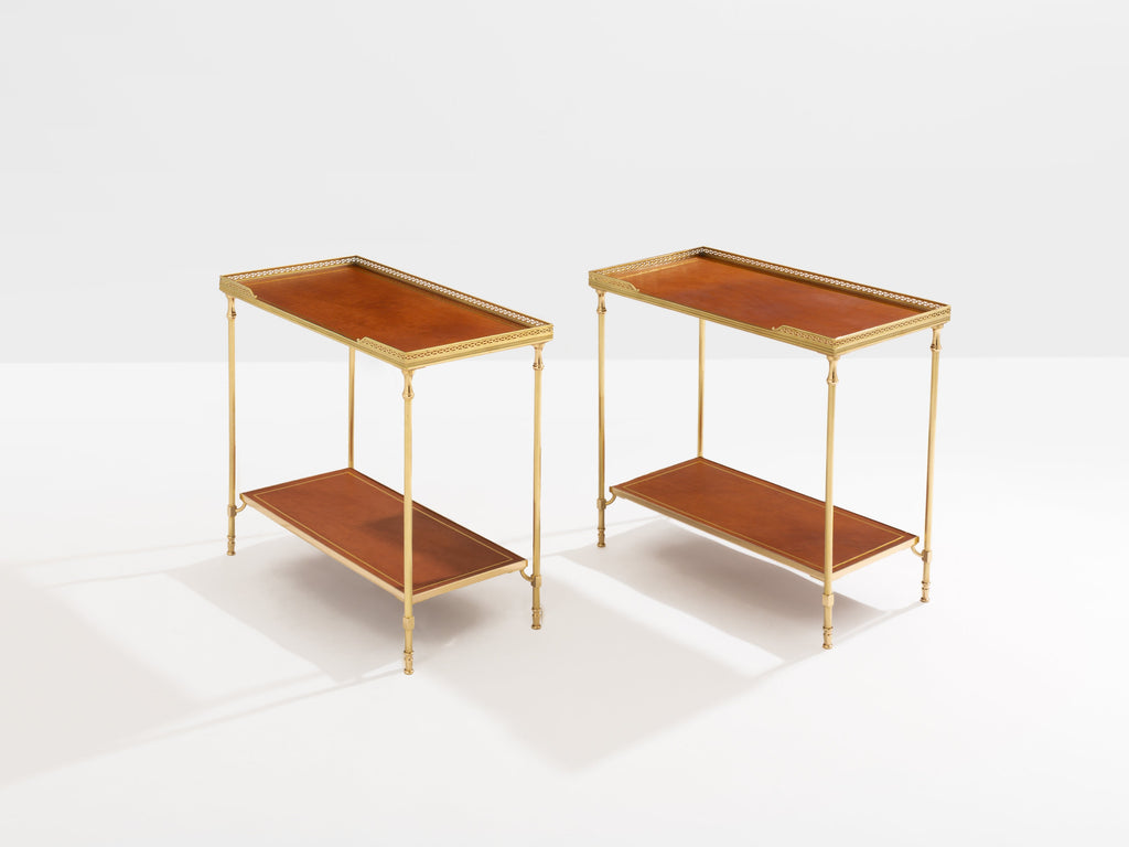 Maison Jansen pair of two-tier side tables brass brown leather 1960s