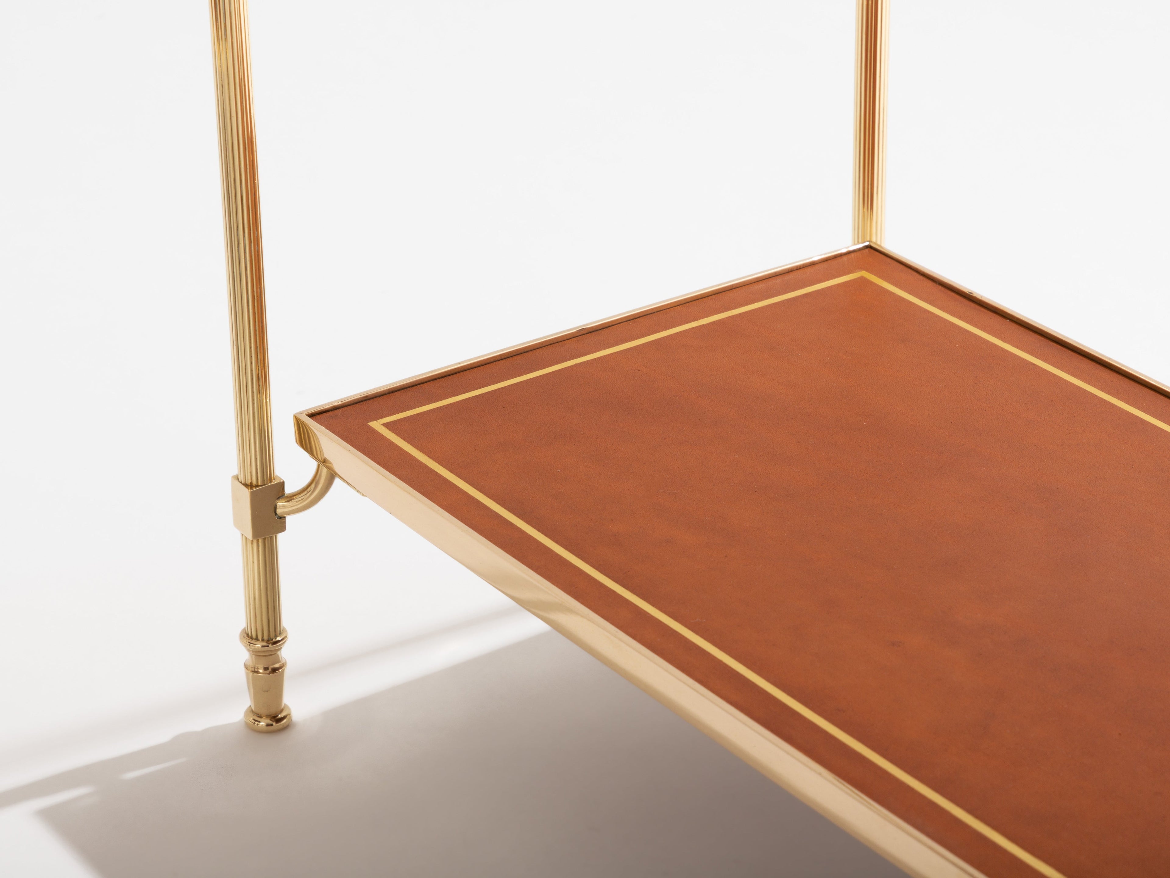 Maison Jansen pair of two-tier side tables brass brown leather 1960s