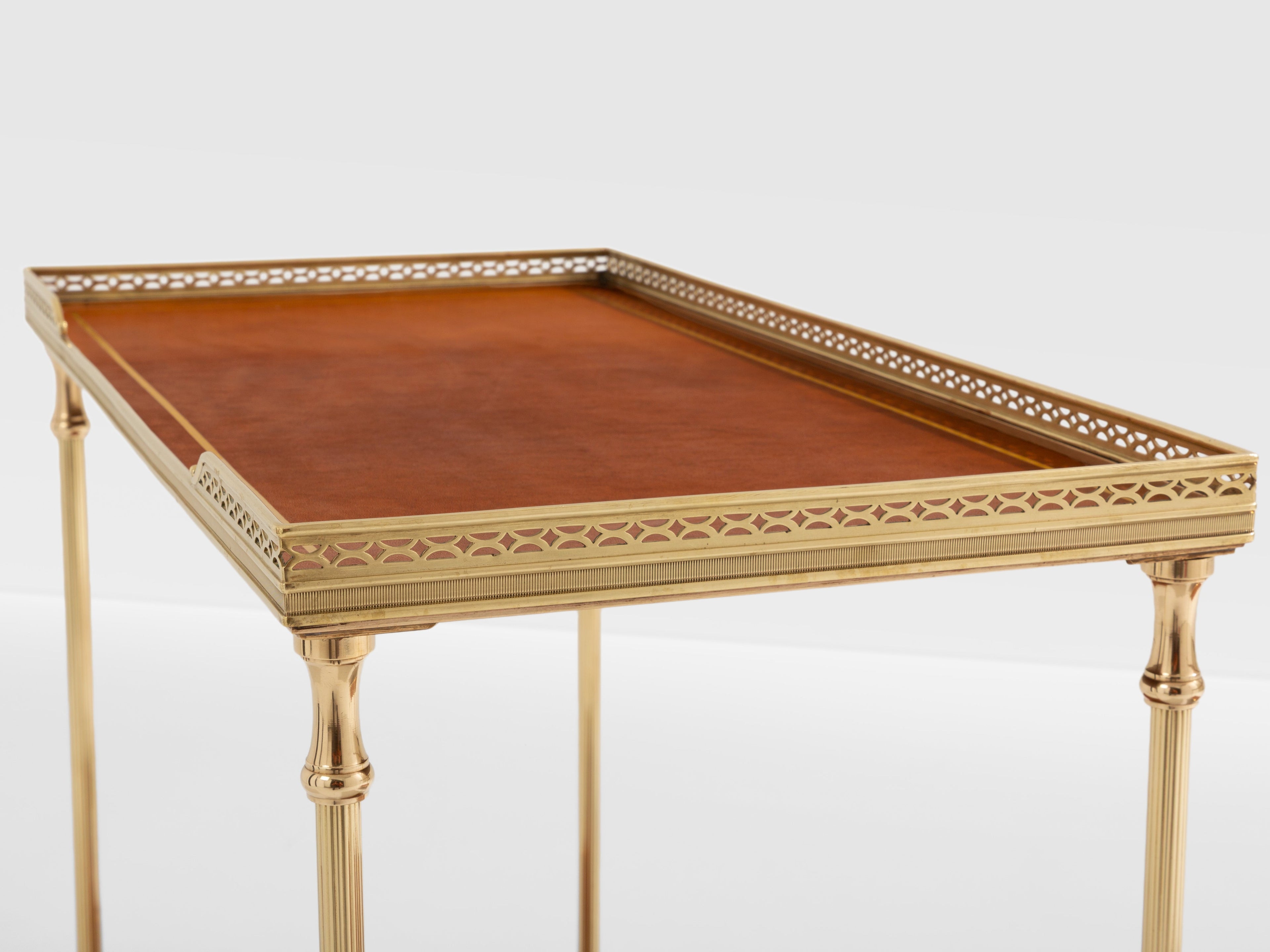 Maison Jansen pair of two-tier side tables brass brown leather 1960s