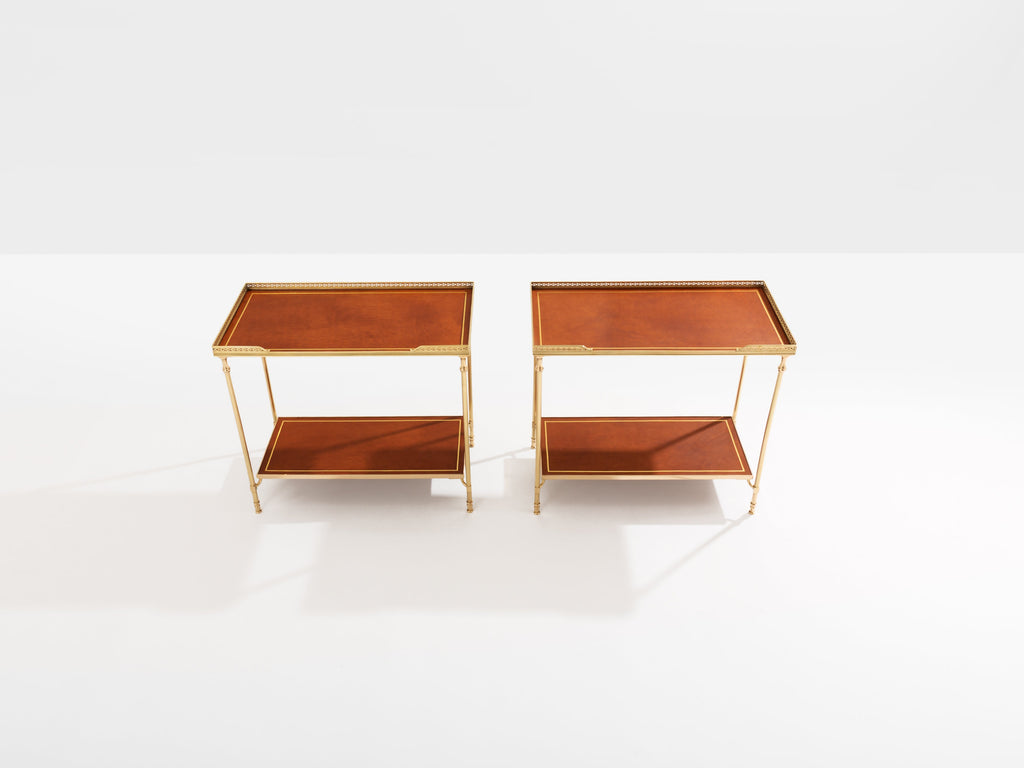 Maison Jansen pair of two-tier side tables brass brown leather 1960s