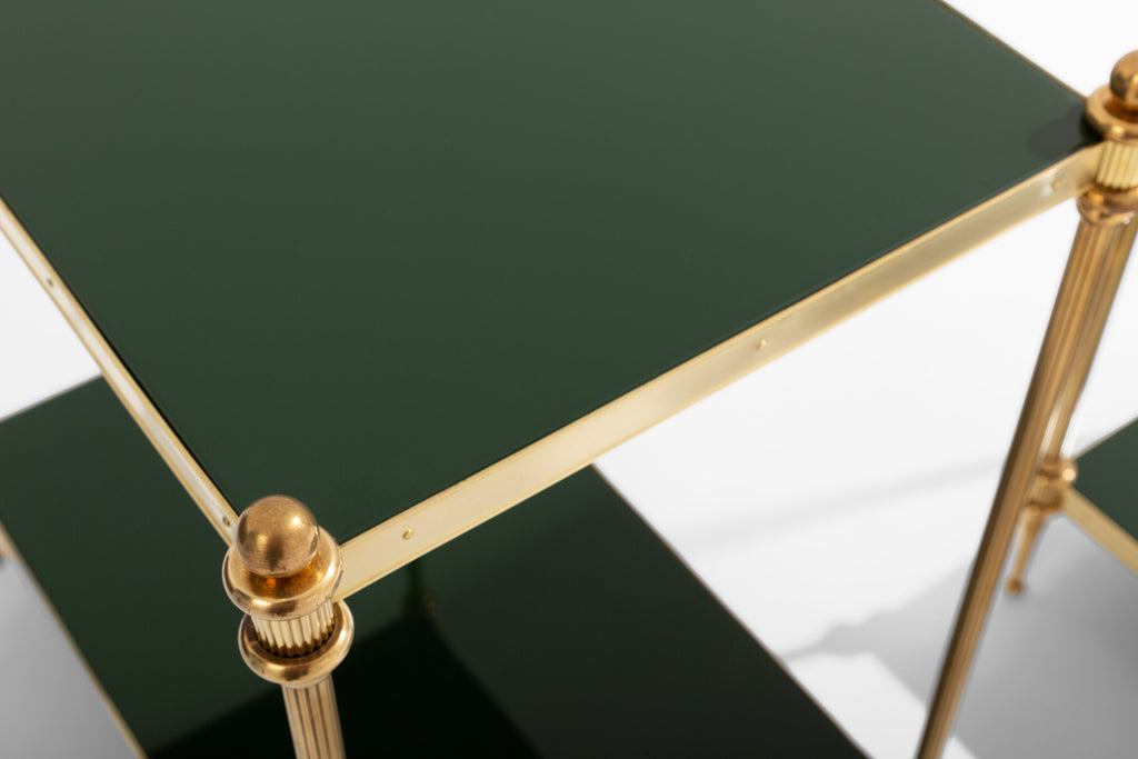 Maison Jansen pair of two-tier side tables brass green lacquer 1970s