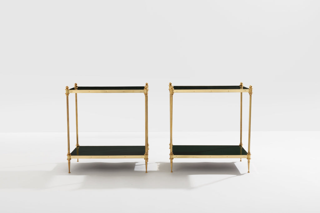 Maison Jansen pair of two-tier side tables brass green lacquer 1970s
