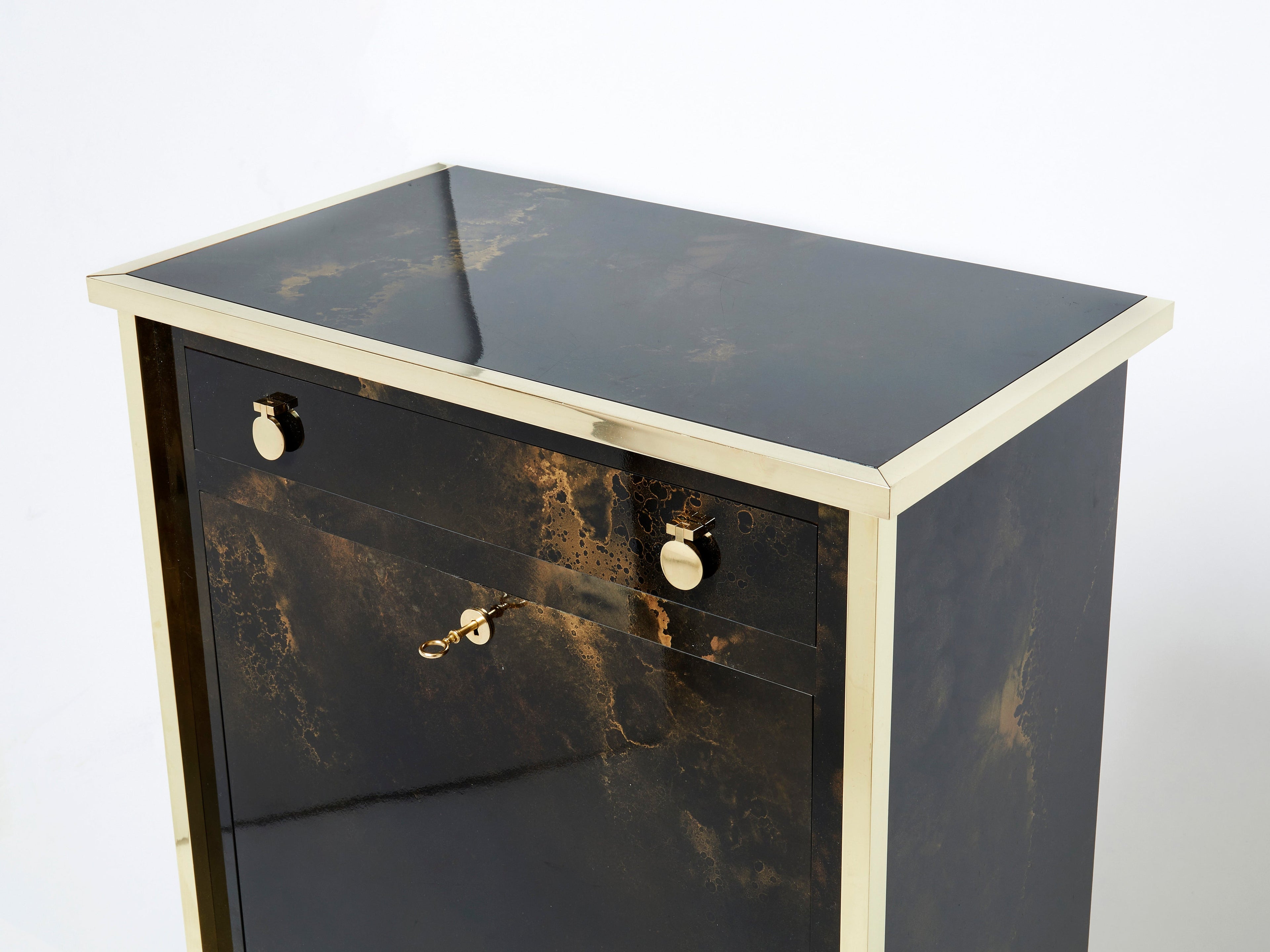 Rare golden lacquer and brass Maison Jansen secretary cabinet 1970s