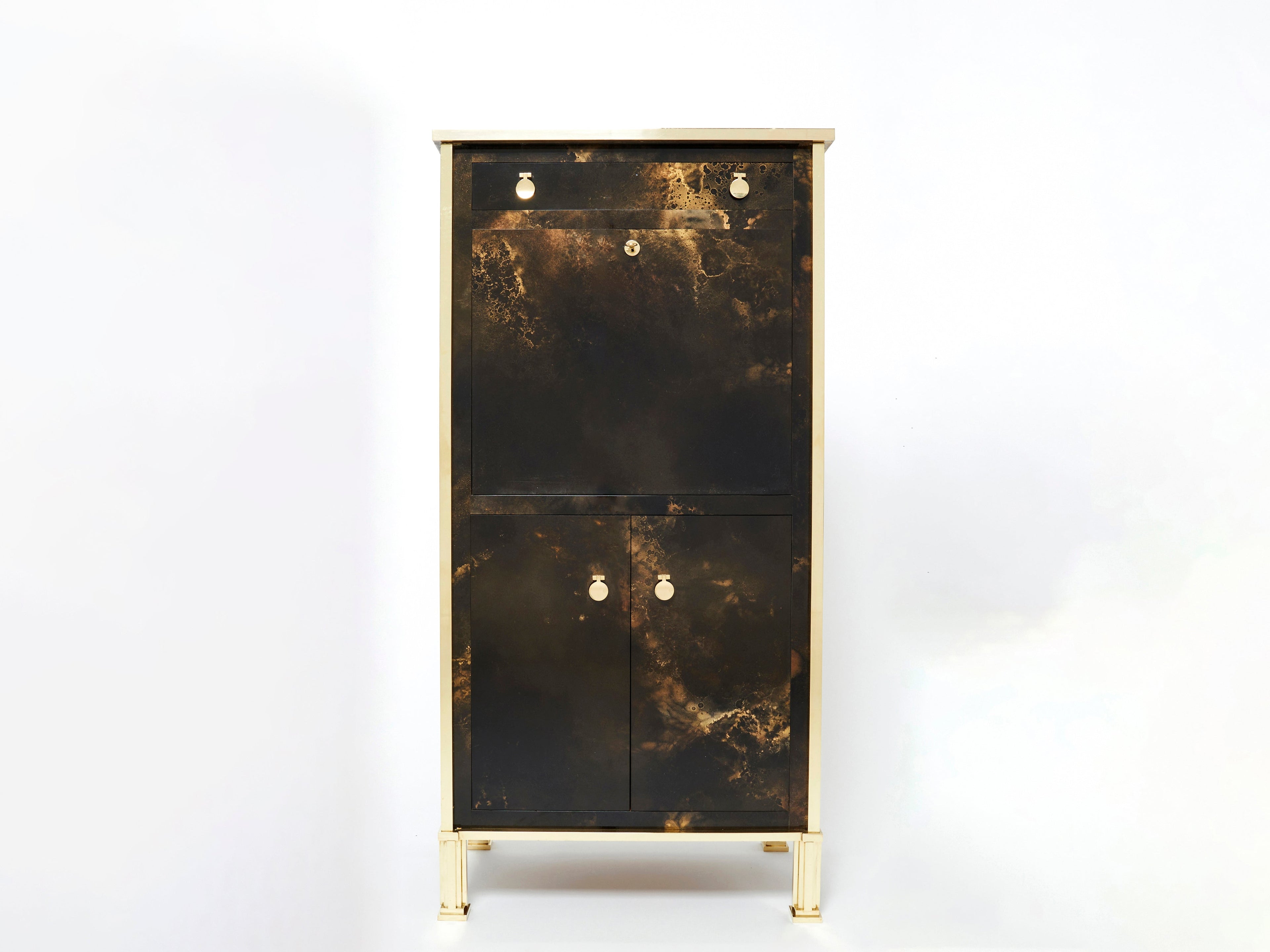 Rare golden lacquer and brass Maison Jansen secretary cabinet 1970s