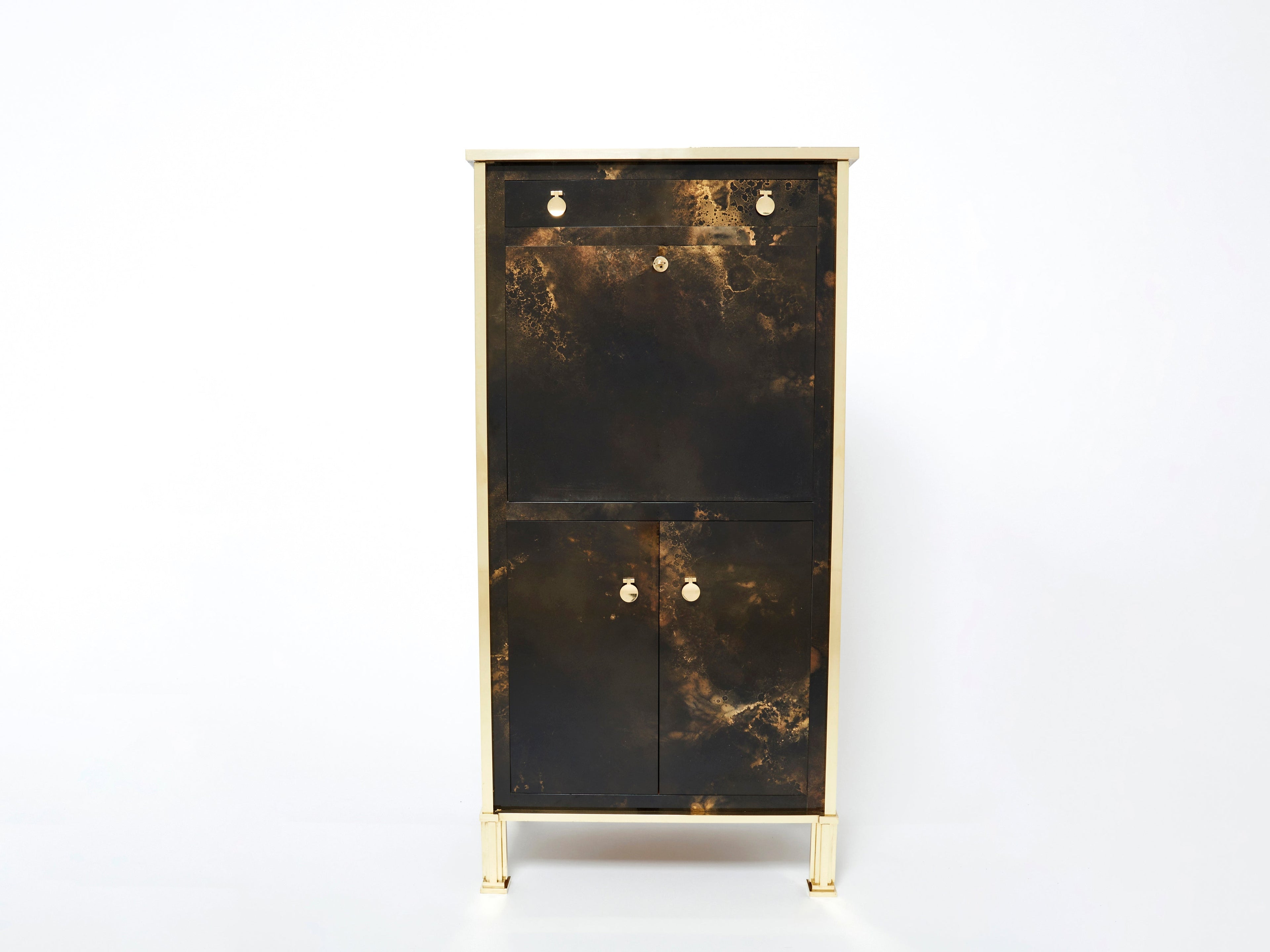 Rare golden lacquer and brass Maison Jansen secretary cabinet 1970s