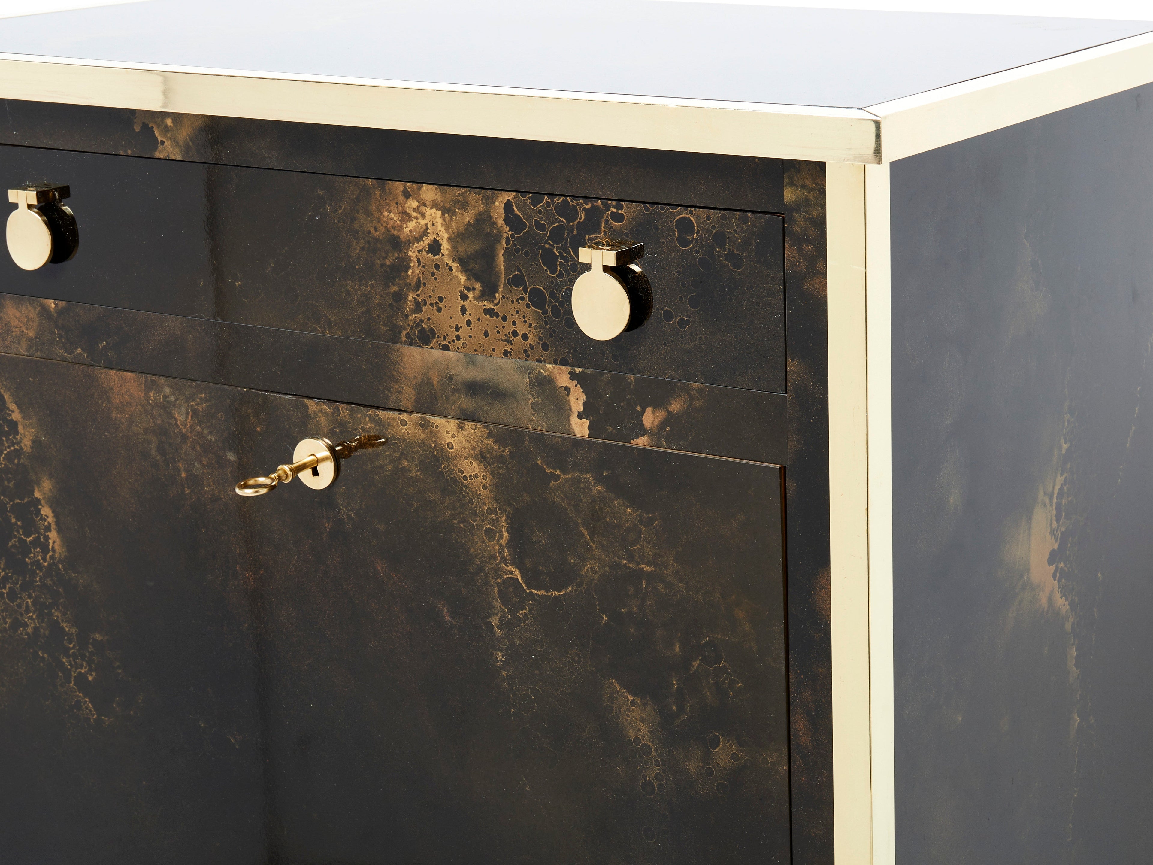 Rare golden lacquer and brass Maison Jansen secretary cabinet 1970s