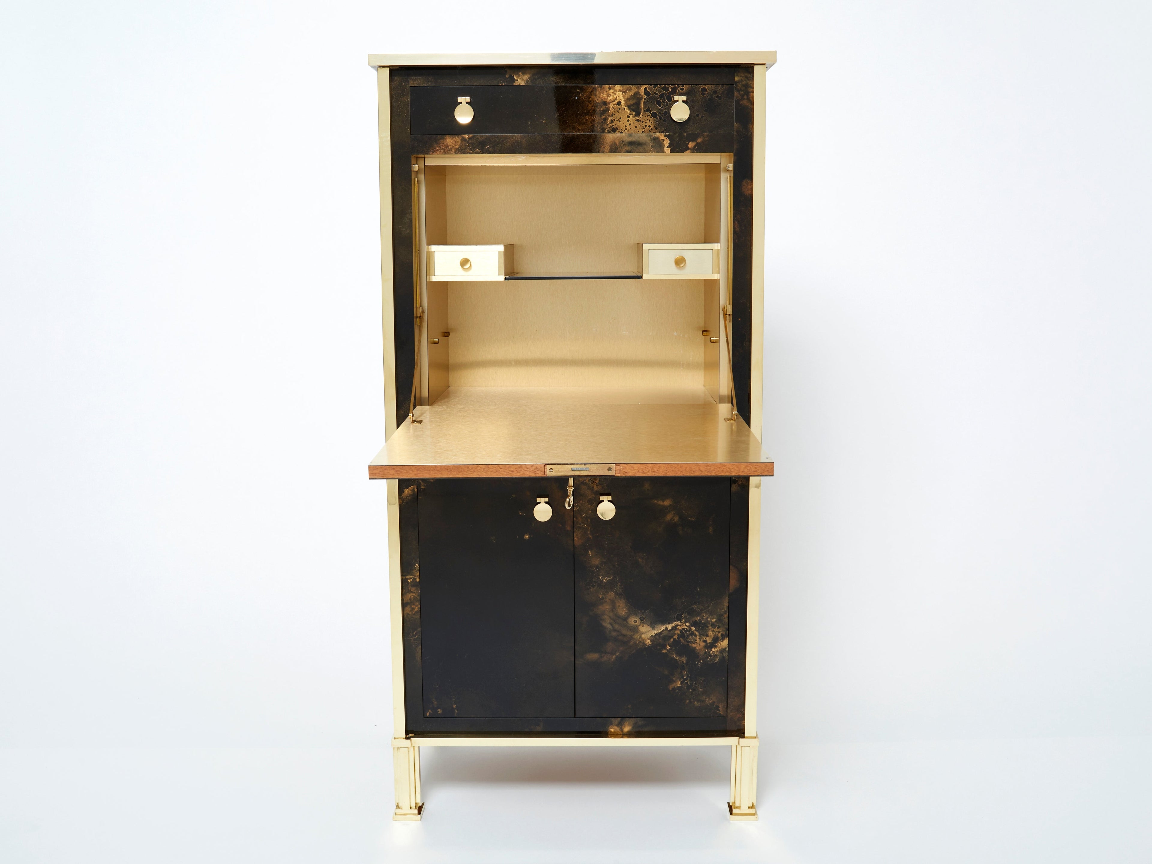 Rare golden lacquer and brass Maison Jansen secretary cabinet 1970s
