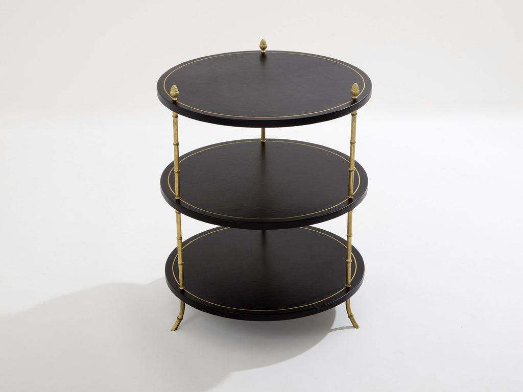 Maison Jansen three-tier gueridon table bronze black leather 1970s