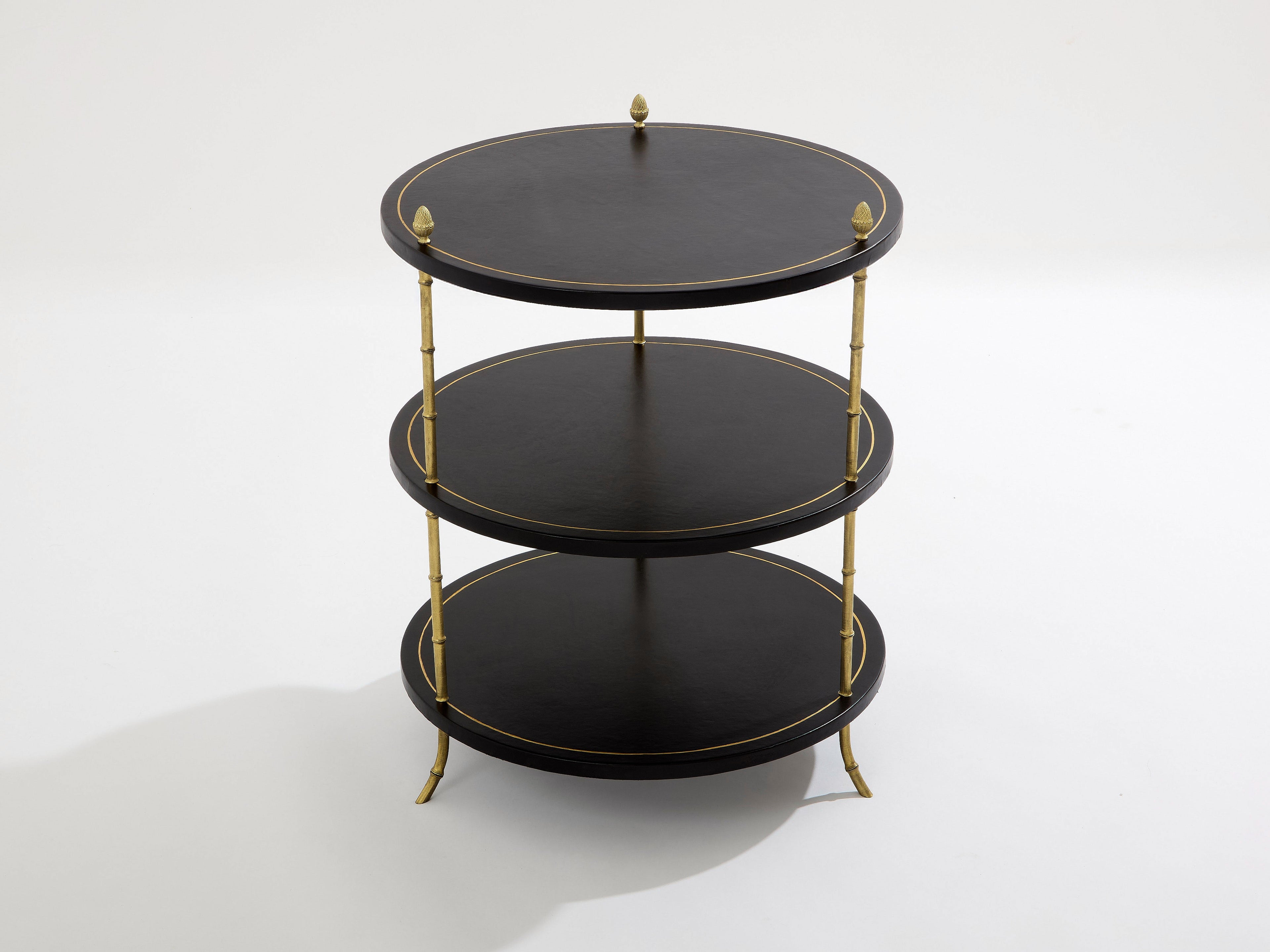 Maison Jansen three-tier gueridon table bronze black leather 1970s